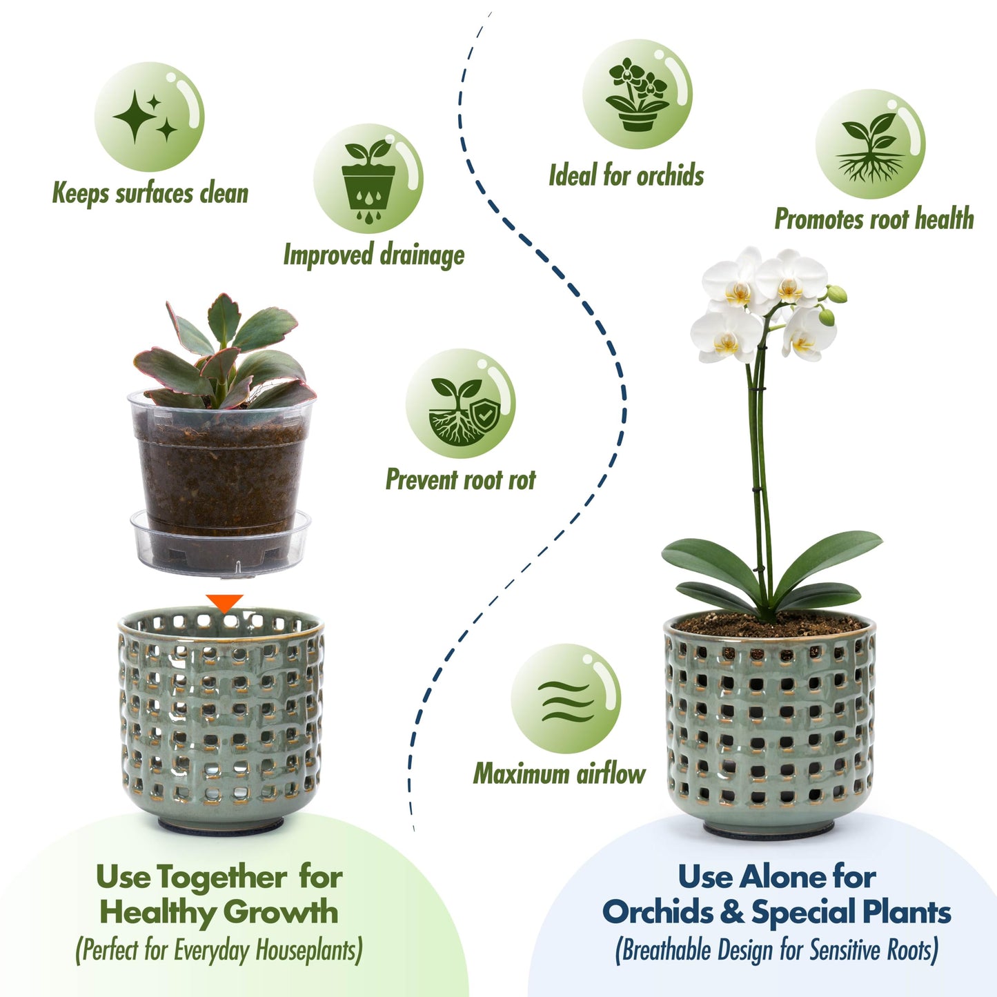 D'vine Dev 4.5 Inch Ceramic Orchid Planter with Lattice Cutout Design, Glazed Cachepot with Clear Nursery Pot & Detachable Saucer for Orchids and Indoor Plants, Olive, 28-A-Z-4