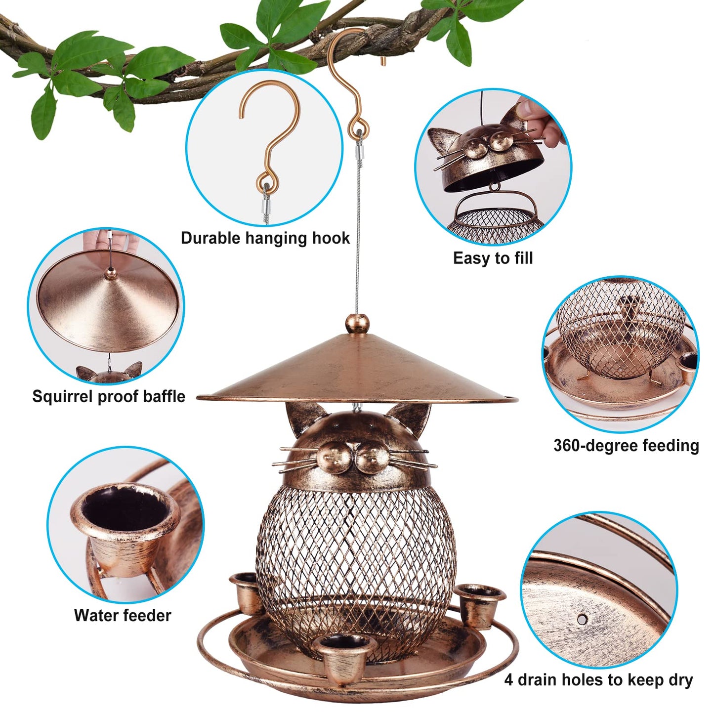 LBTING Bird Feeder for Outdoor, Squirrel Proof Metal Wild Bird Feeder Decoration for Hanging Outside Garden Yard, Cute Cat-Shaped