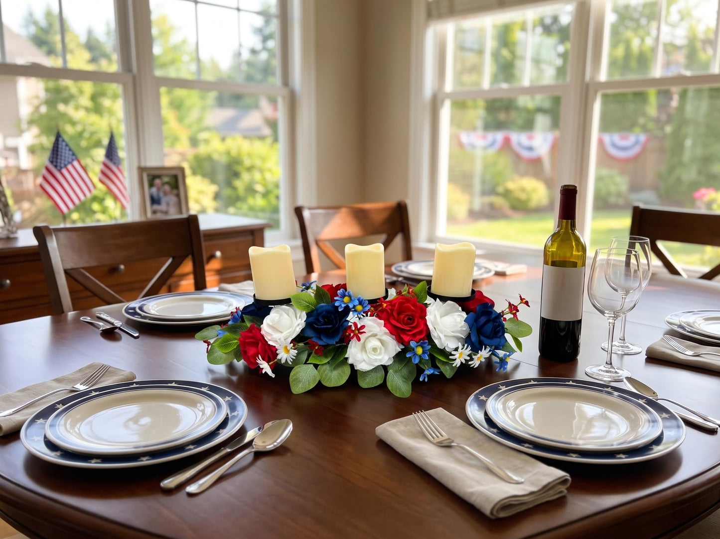 Svndlyn 4th of July Decorations,Patriotic Floral Arrangement Centerpiece for Table,Centerpiece with 3 Candle Holder,Red White and Blue Fake Rose Flowers for Independence Day Home Decor,Memorial Day