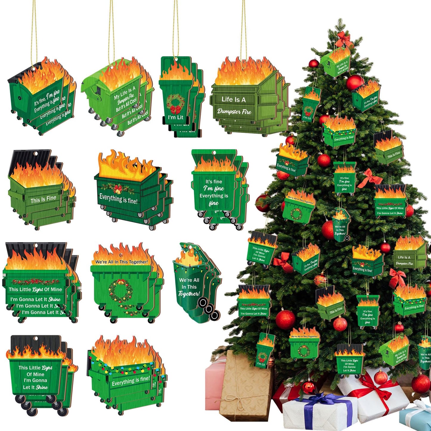 Vercraft 36 Pcs Dumpster Flame Christmas Ornaments 2026 Its Fine Im Fine Everything is Fines Funny Wooden Christmas Hanging Ornaments for Xmas Tree Holiday Decorations