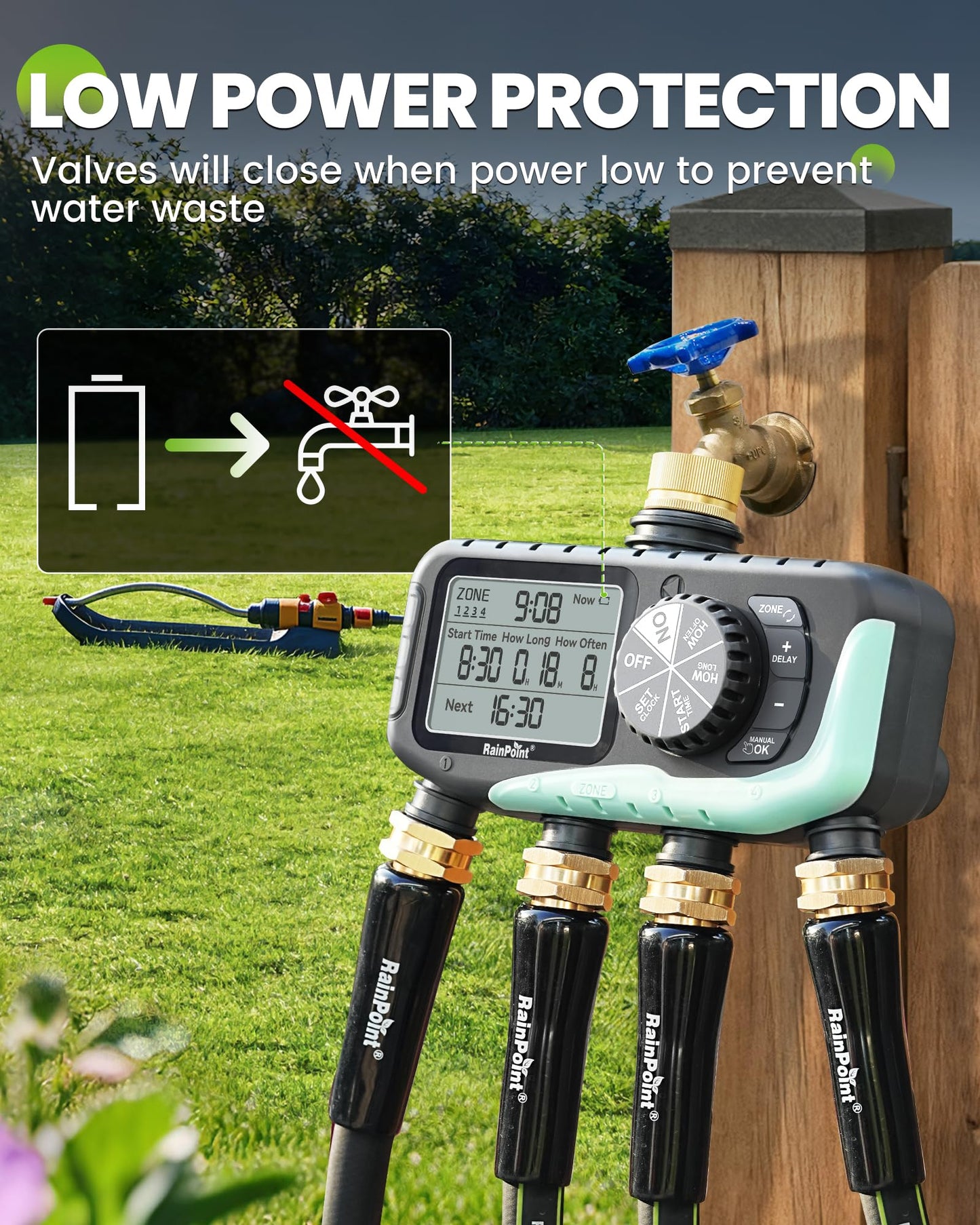 RAINPOINT Sprinkler Timer 4 Zone, Water Timer for Garden Hose, for Soaker Hose with Rain Delay/Manual/Automatic Watering System, Digital Irrigation for Yard, Lawn Brass Inlet