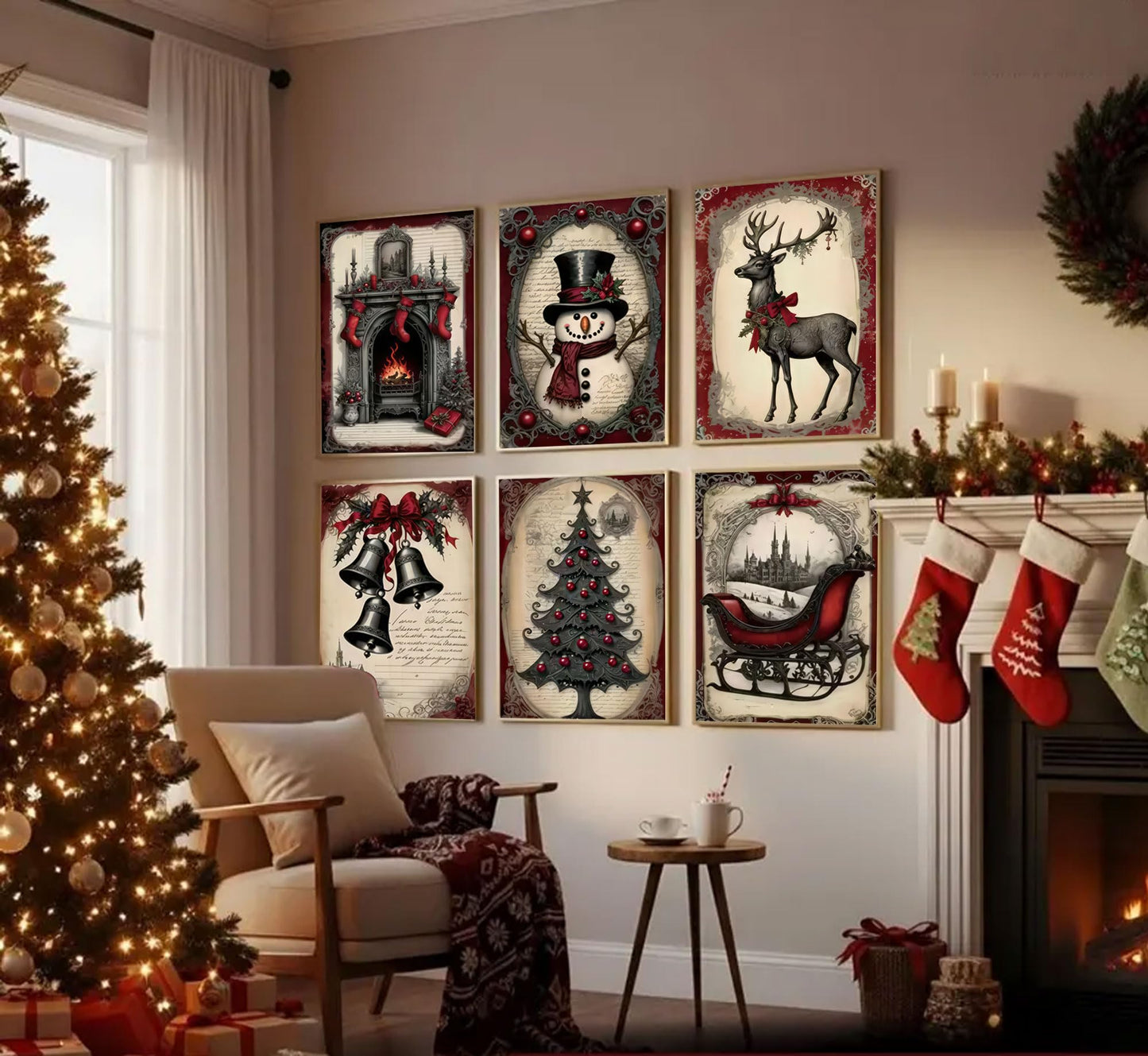 6pcs Christmas Canvas Wall Art Red Christmas Tree Snowman Elk Posters Prints Paintings Winter Landscape Festive Elements Wall Decor Pictures for Living Room And Bedroom Furniture Decoration Unframed