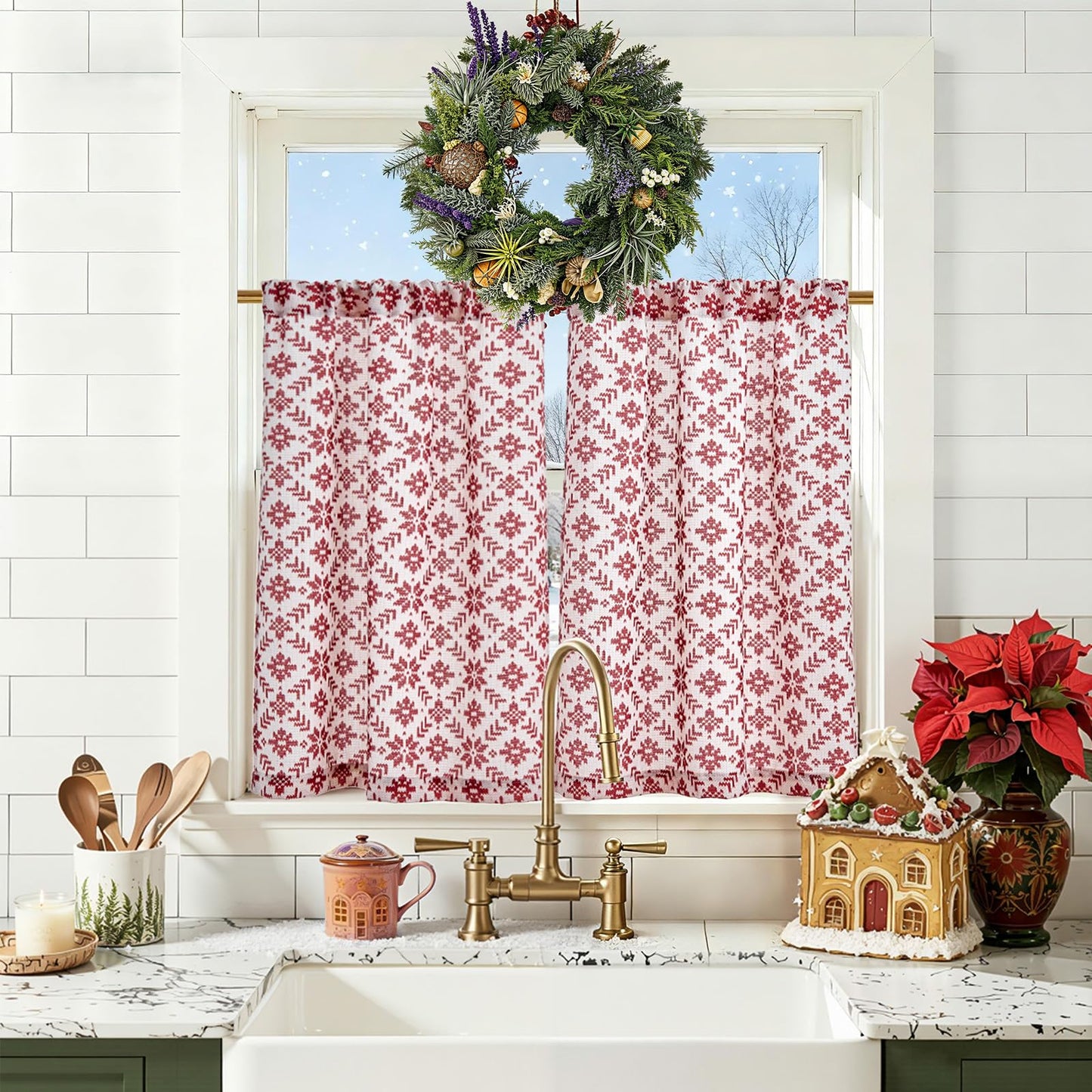 jinchan Snowflake Plaid Christmas Curtains 36 Inch Length Cafe Curtain Red Faux Canvas Textured Knit-Look Tier Curtains Holiday Christmas Decorations for Living Room Small Windows Rod Pocket 2 Panels