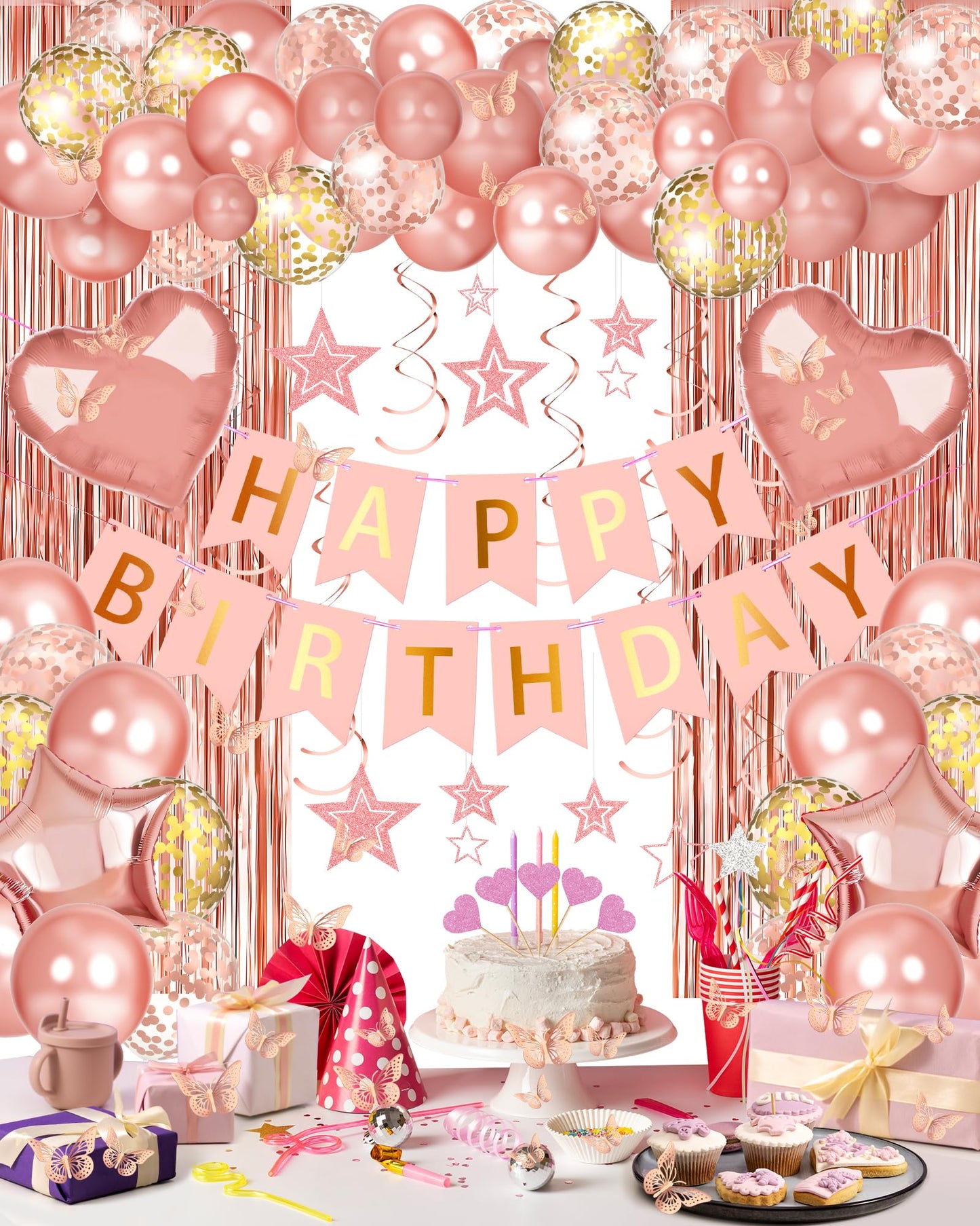 Lutoys Rose Gold Happy Birthday Party Decorations, Happy Birthday Banner, Rose Gold Foil Heart Star Confetti Balloons Curtain Backdrop Hanging Swirls Party Decor for Girls Women Princess