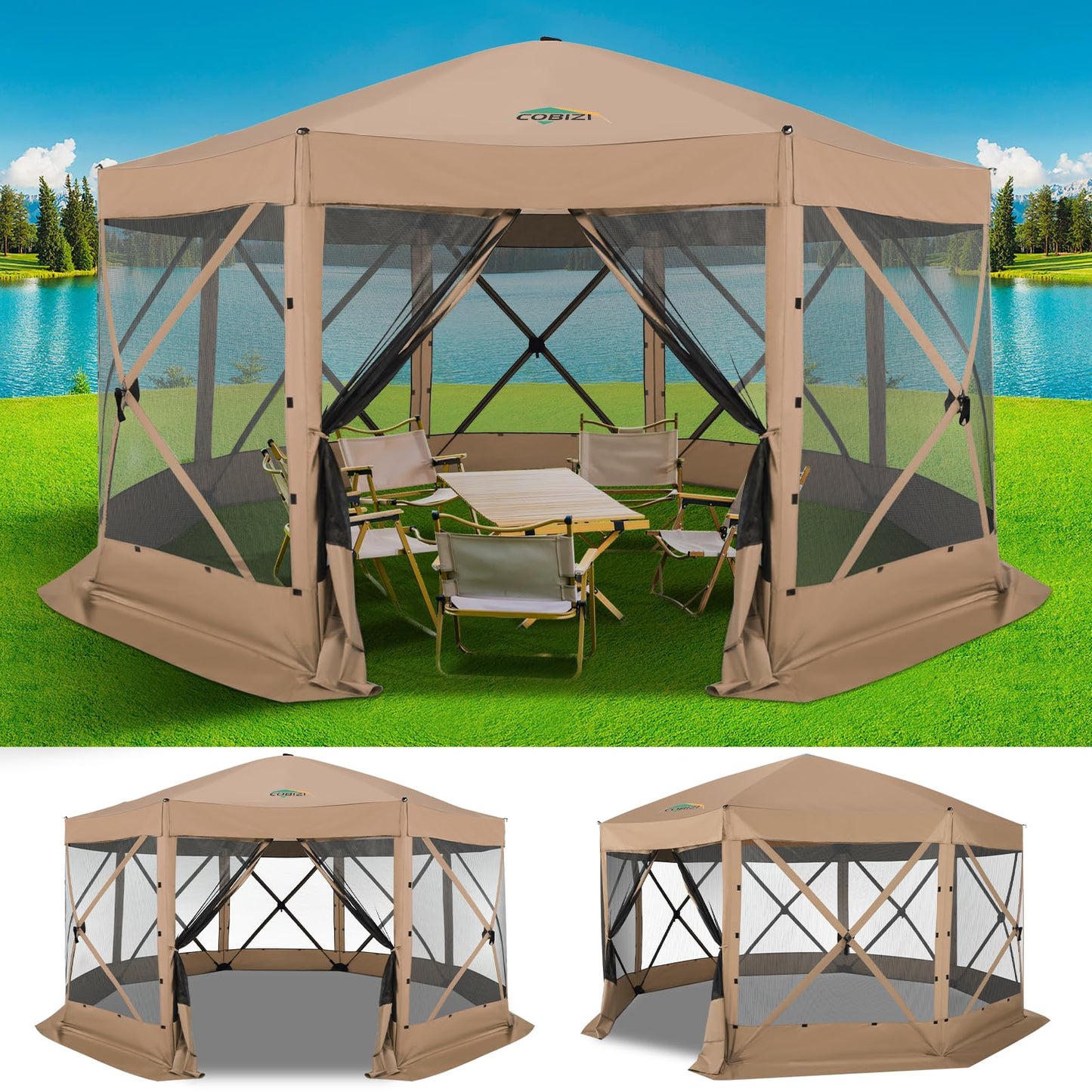 COBIZI 15x15 FT Pop Up Gazebo - Canopy Tent, Large Gazebos On Clearance, Hot tub Screened in Gazebo,carpas para Patio,Portable Screen Tents for 12-15 Persons Outdoor Camping, Backyard, Khaki