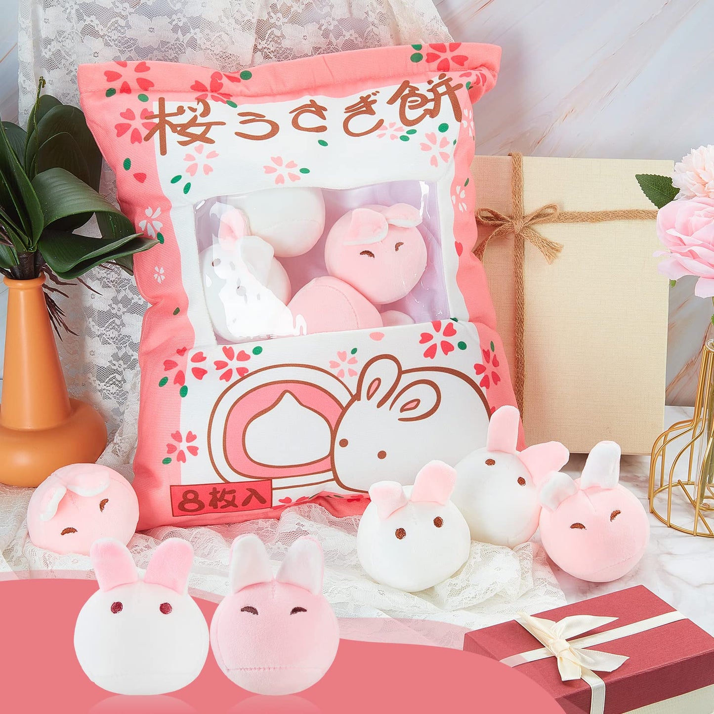 Civaner Kawaii Bunny Plush Pillow Cute Room Decor Cherry Blossom Throw Pillow Pink Removable Stuffed Animal Fluffy for Easter Home Birthday Spring Sakura Gifts Bag