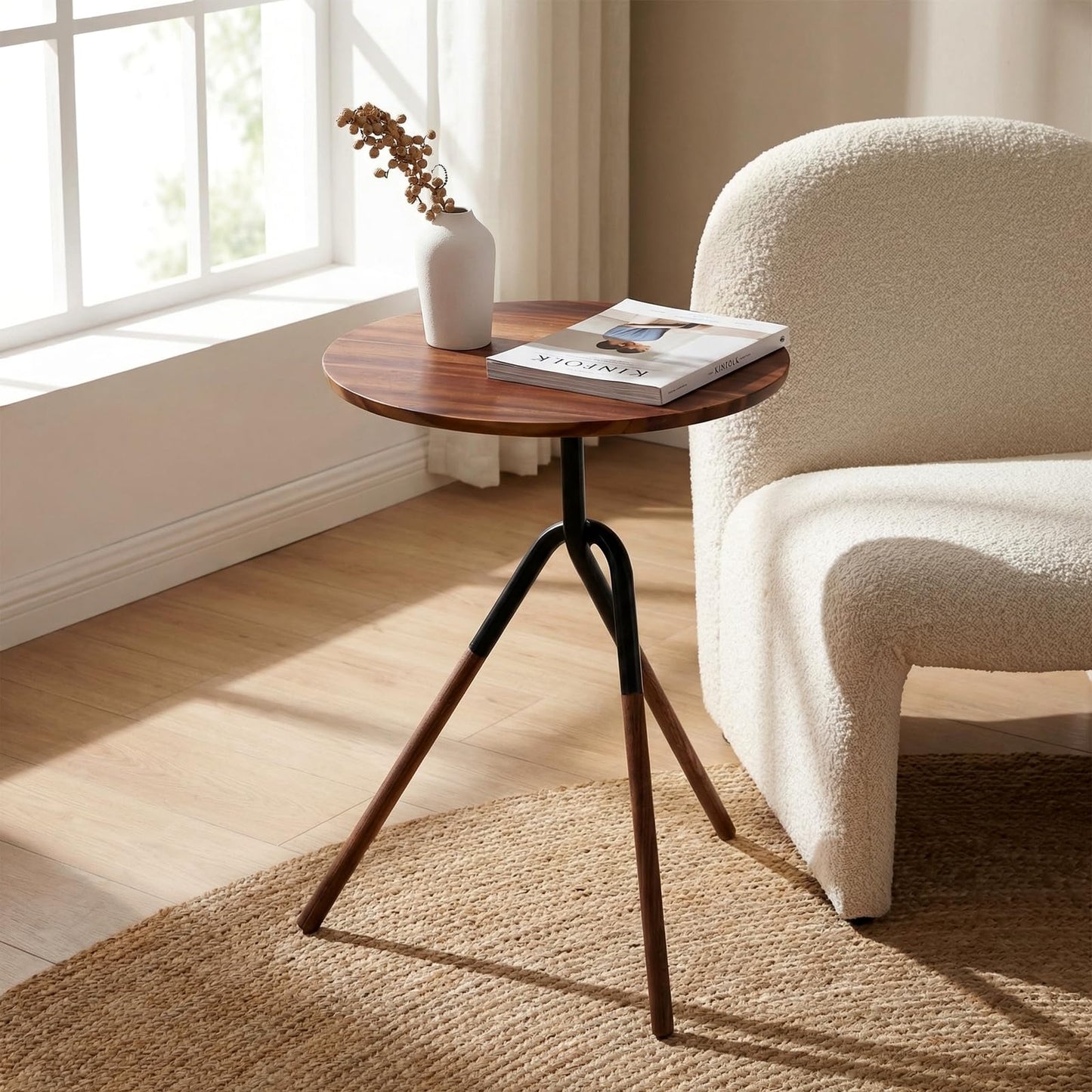 RECCI Small Round Side Table, Modern Solid Wood End Table with FSC Certified Wood & Knotted Metal Frame, Small Accent Couch Sofa Side Table for Living Room Bedroom, Walnut