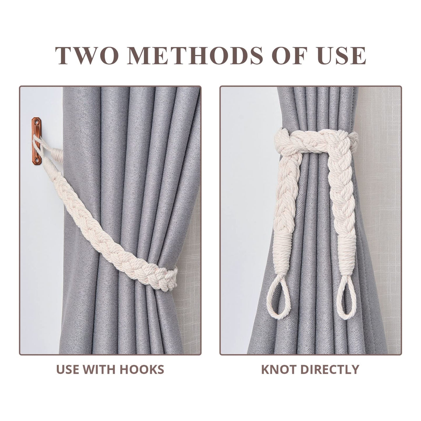 NICEEC 2 Pack Natural Cotton Rope Curtain Tiebacks Elegant Boho Style Decorative Drape Tie Backs Soft Hand-Woven Rope Curtain Holdbacks with Metal Hook for Home & Office Drapery (Beige)