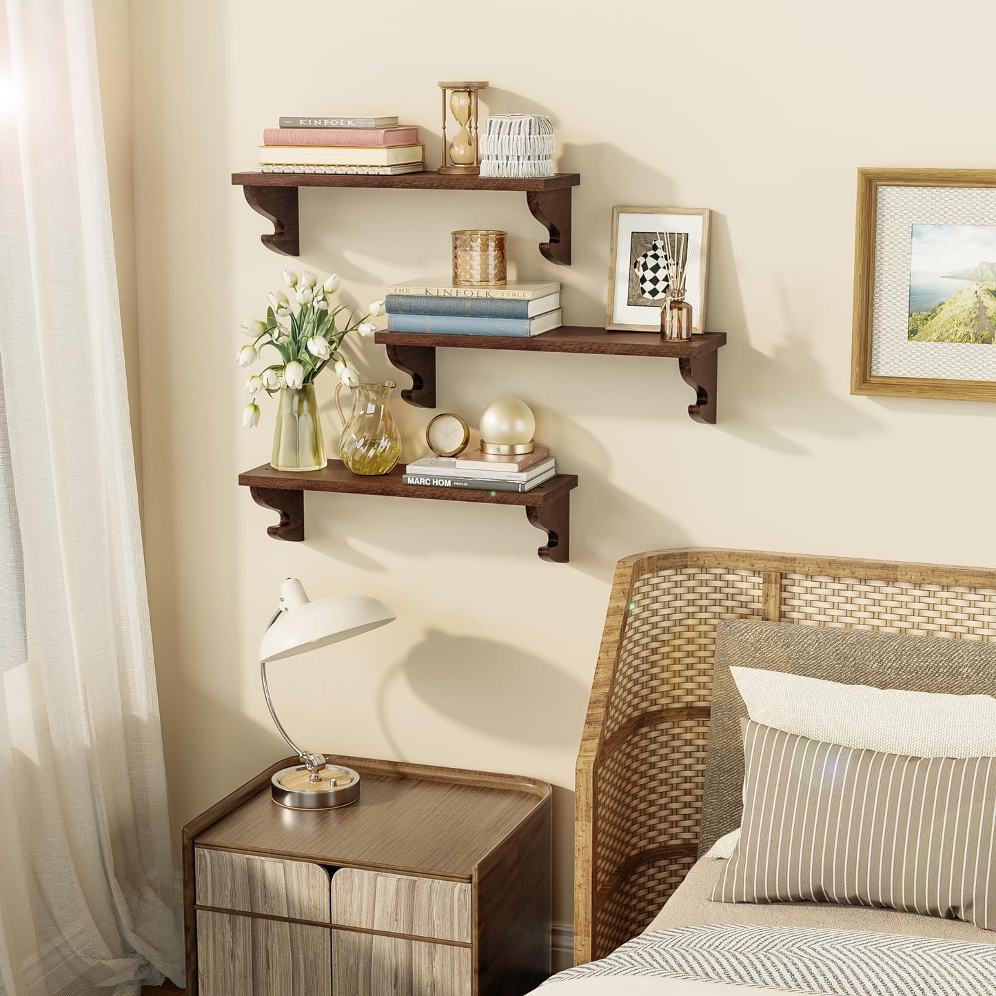 Alsonerbay Wood Floating Shelves for Wall 3 Pack, 17 inch Rustic Wall Shelves with Hook, Decorative Hanging Shelves for Bedroom Living Room Nursery Office and More Light Walnut