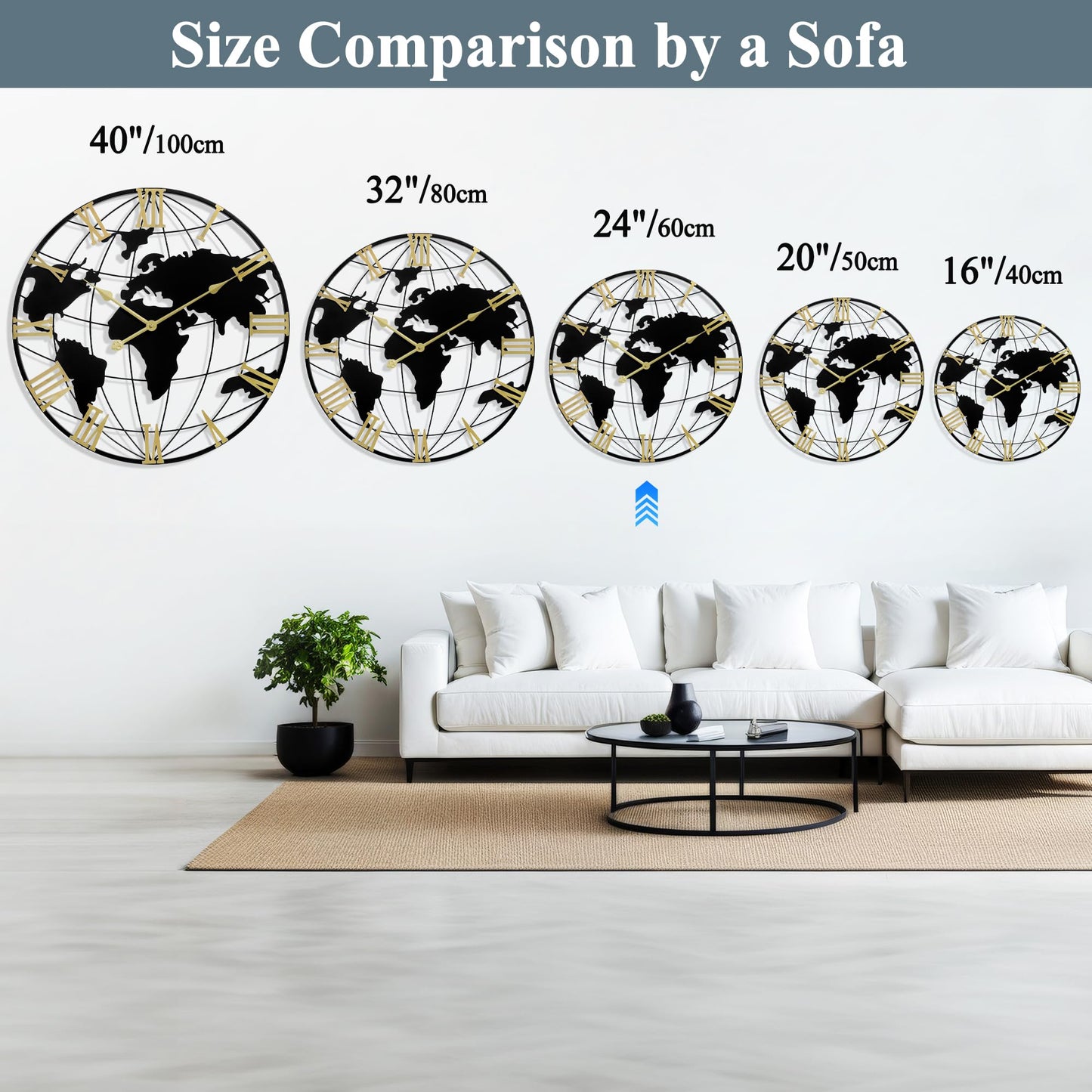LEIKE Large Wall Clock 24IN, World Map Modern Style Wall Clocks, Big Clock for Wall Living Room Decor, Office Wall Decor, Silent Non-Ticking for Bedroom, Kitchen, School