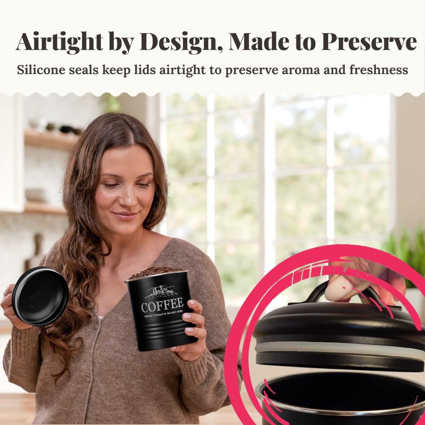 noonberry Kitchen Canisters for Countertop – 5-Piece Airtight Canister Sets for the Kitchen Counter with Utensil Holder – Flour Sugar Coffee Tea Containers – Matte Black Finish