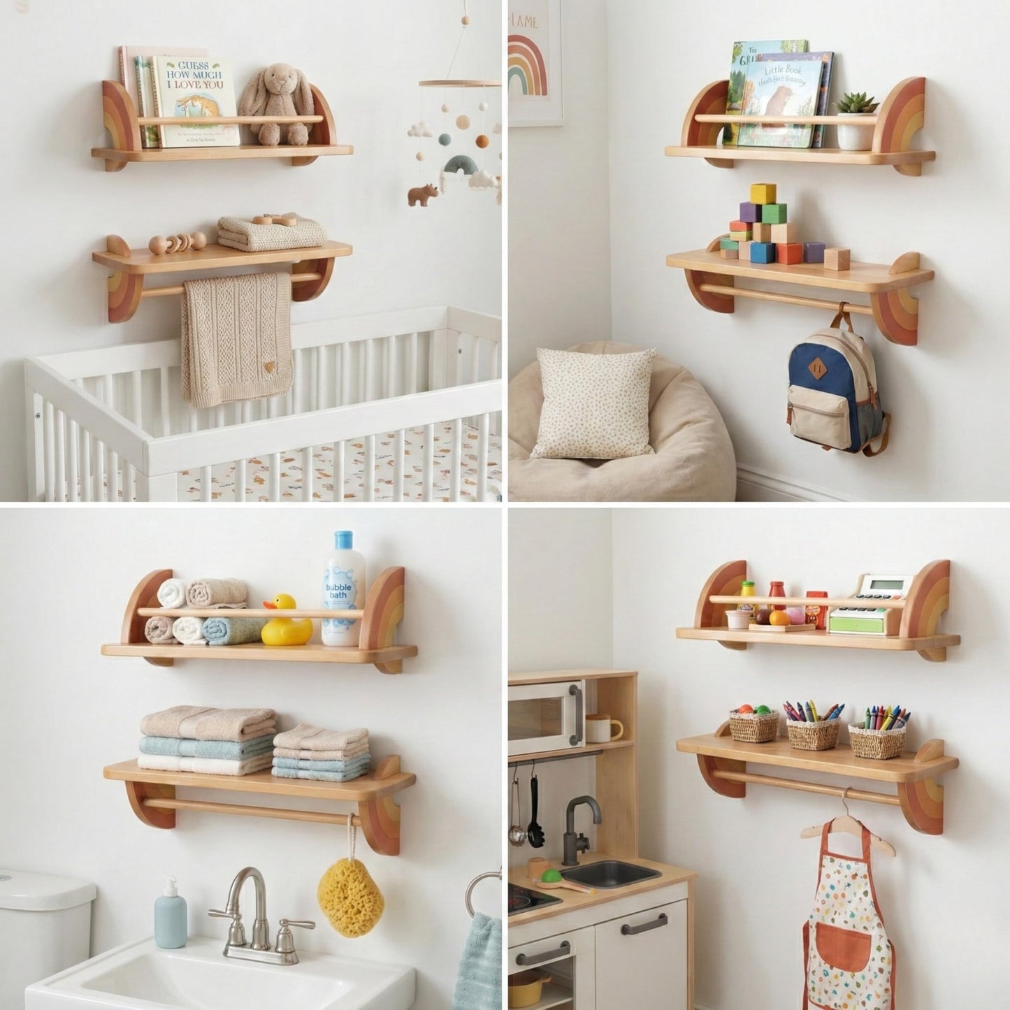 KitzeyBee Nursery Book Shelves Set of 2 - Solid Beech Wood Rainbow Floating Bookshelf for Kids Wall, Wall Mounted Toddler Bookshelf with Hanging Bar for Baby Room Decor, Holds 25 lbs (Pastel, 19.7in)