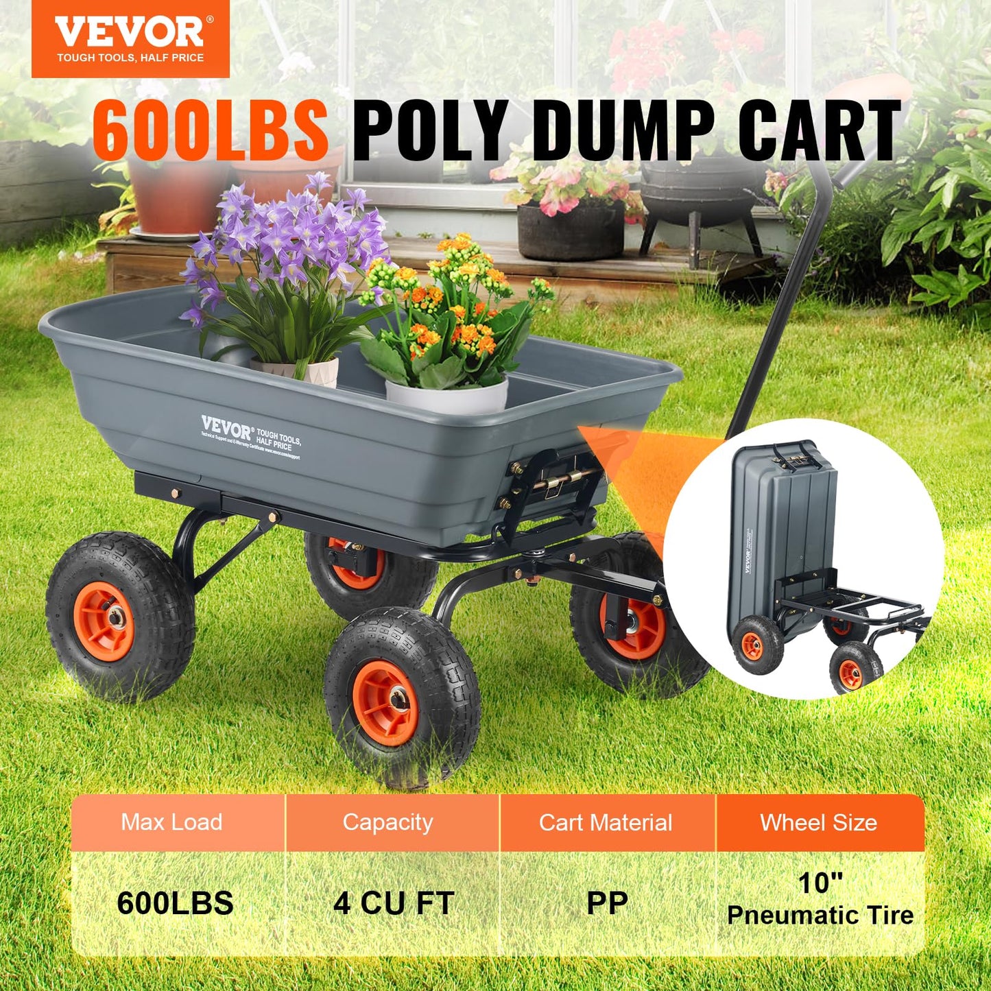 VEVOR 4 Cu.Ft. 600lbs Poly Garden Dump Cart, Heavy Duty 4 Wheel Wheelbarrow Yard Cart Dump Wagon with 10in All Terrain Wheels, Steel Frame and Quick Release System