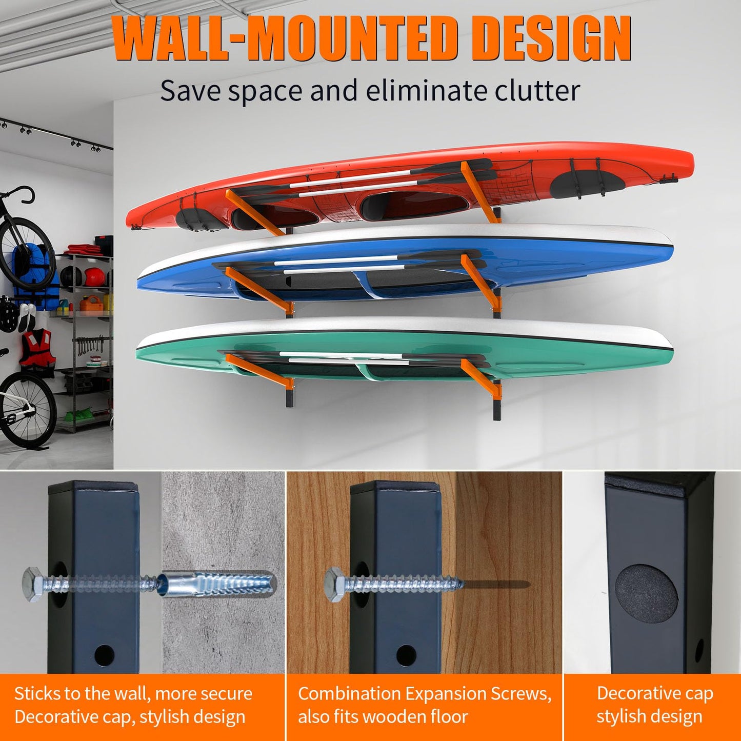 UOKRR Kayak Storage Rack, Wall Mount Kayak Racks for Indoor Outdoor Storage, Heavy Duty Adjustable Kayak Rack for Garage, Spacesaver (3 Kayaks, Wall Mount)