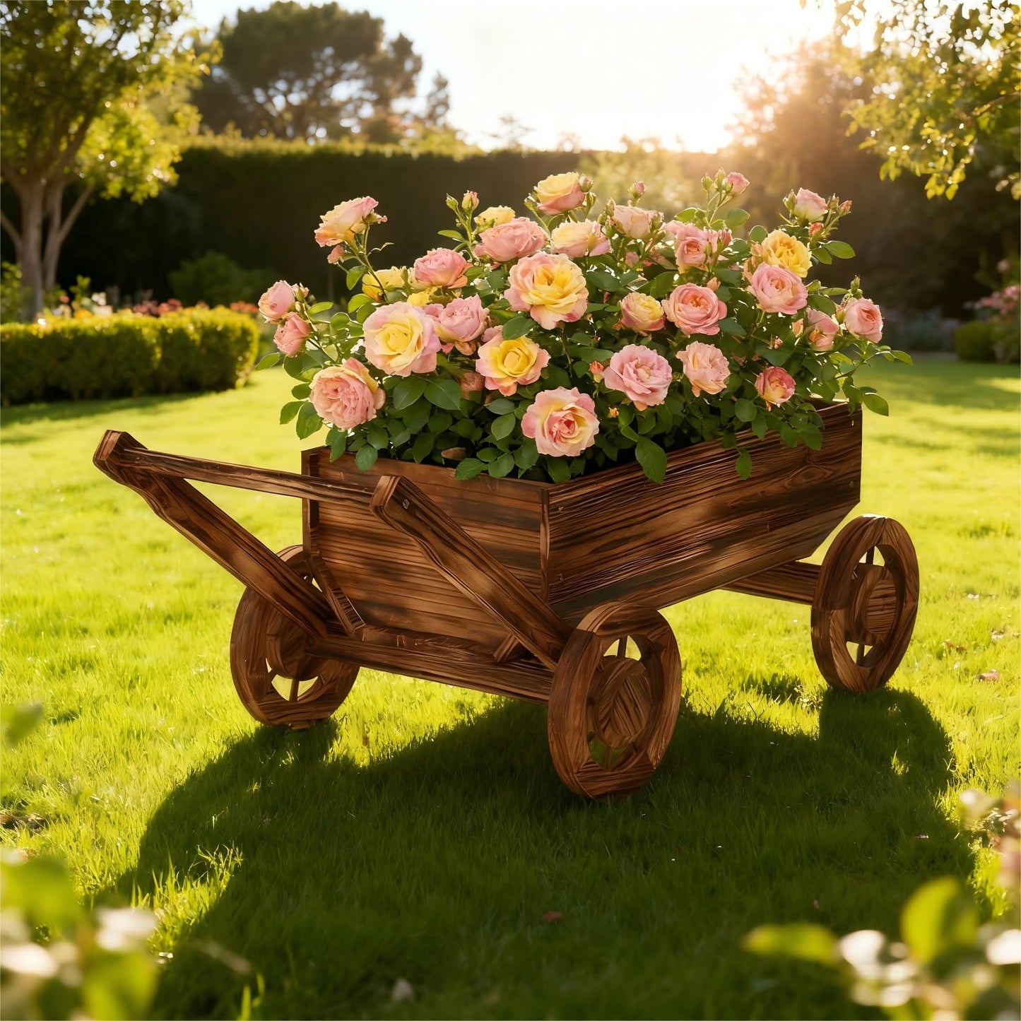 Wooden Flower Cart with Wheels Wooden Wagon Planter Outdoor Garden Planter Decor Planter for Patio Balcony Trolley Decoration Succulent Flower Pot, Indoor Backyard Balcon Decor（Large）