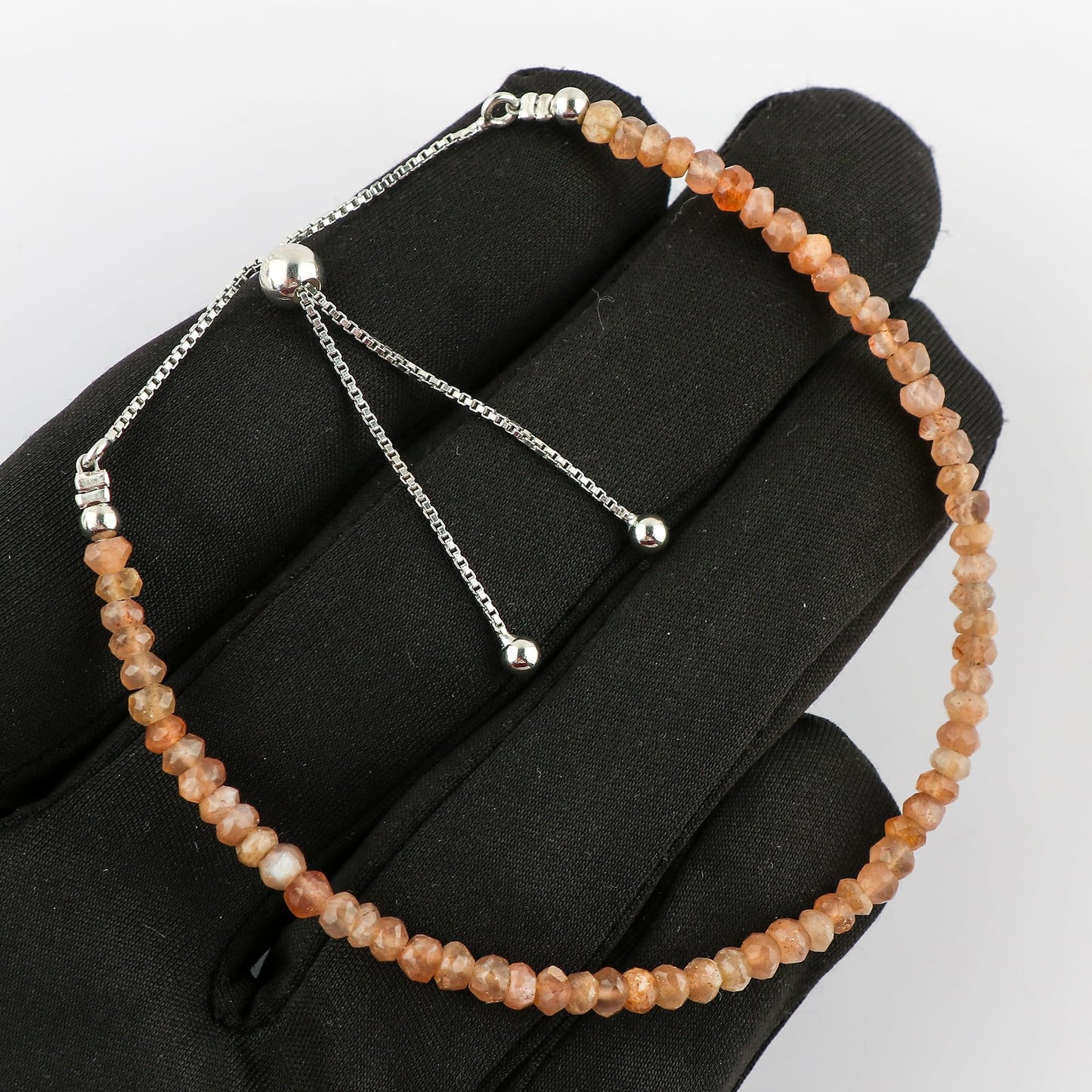 CRYSTALIS Natural Peach Moonstone Gemstone Beads Slider Bolo Bracelet, High Grade Beaded Crystals, Chakra Healing Stone, Gift Giving Women Jewelry, 925 Sterling Silver Slider 10 inch