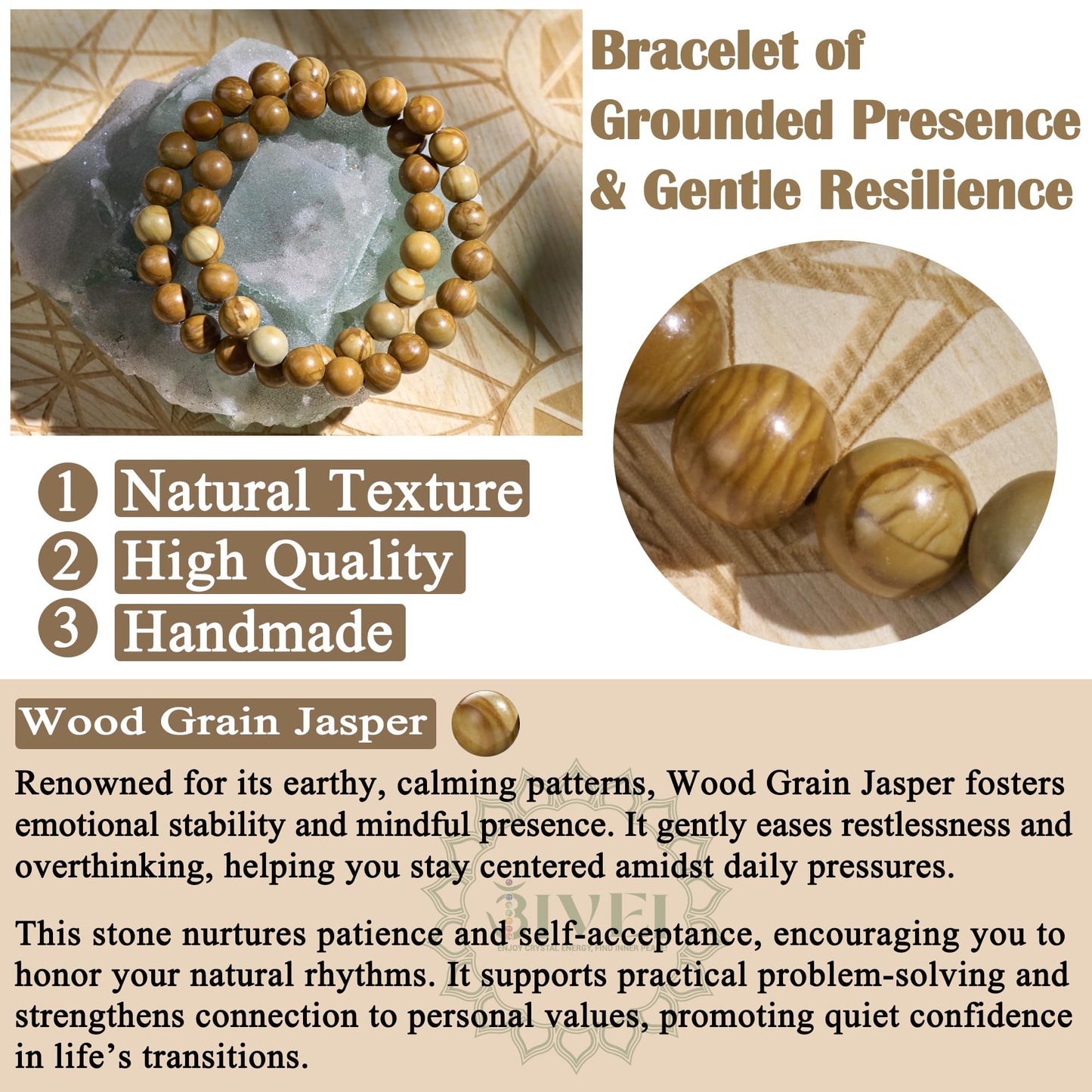 Bivei Natural Gemstone Semi Precious Healing Crystals Handmade Stretchy Round Beads Bracelet, Enhance Positive Energy,Stocking Stuffers for Women(Wood Grain Jasper (Stability & Strength)(Large))