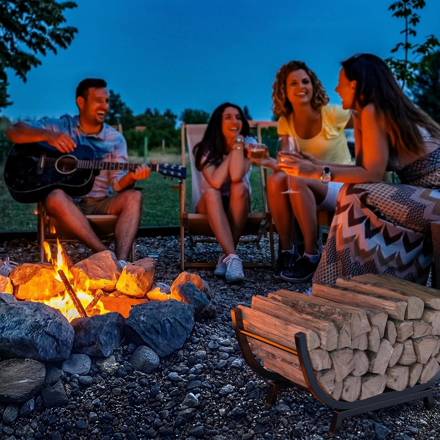 Venkuber Firewood Rack - 25 inch Outdoor Indoor Metal Firewood Holder With Thickened Trapezoid Base-Double Coated Waterproof Rustproof Fireplace Firewood Stand, Black