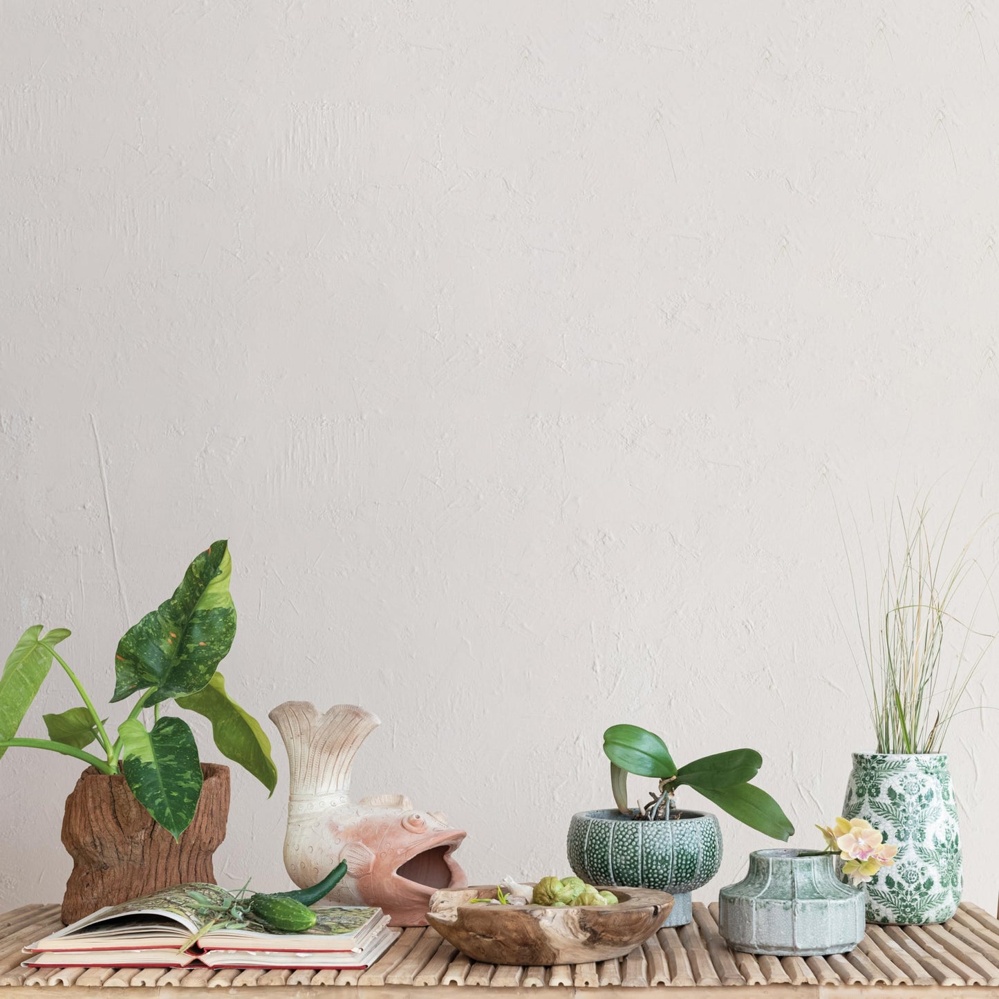 Creative Co-Op Terra-Cotta Planter Vase with Flower Pattern and Crackle Glaze, Green and White