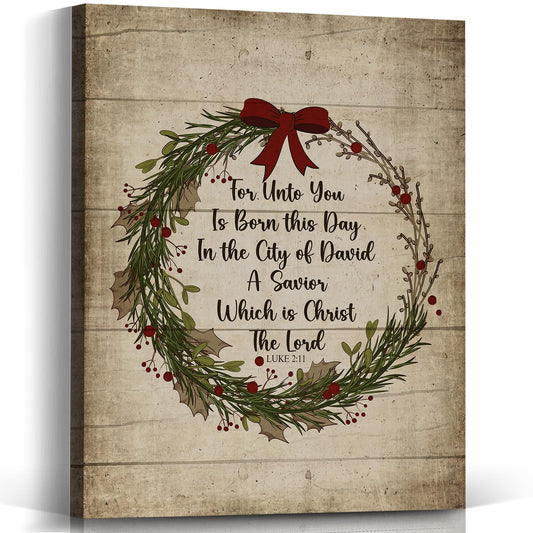 Voxitura Vintage Christian Christmas Wreath Bow Wall Art Canvas, Bible Verse Luke Wall Decor for Prayer Room Holiday, Scripture Winter Paintings Pictures Prints Framed for Bedroom Church 12x15in