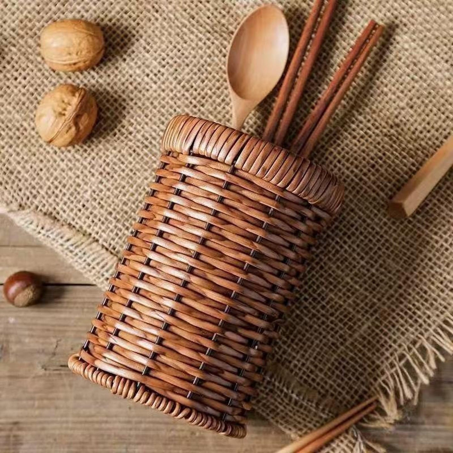 Awbdzl Utensil Holder Spoon Kitchen Counter Decor Wooden/Wicker Utensil Caddy6.1 L x 4" W x 4" H Farmhouse Kitchen Decor