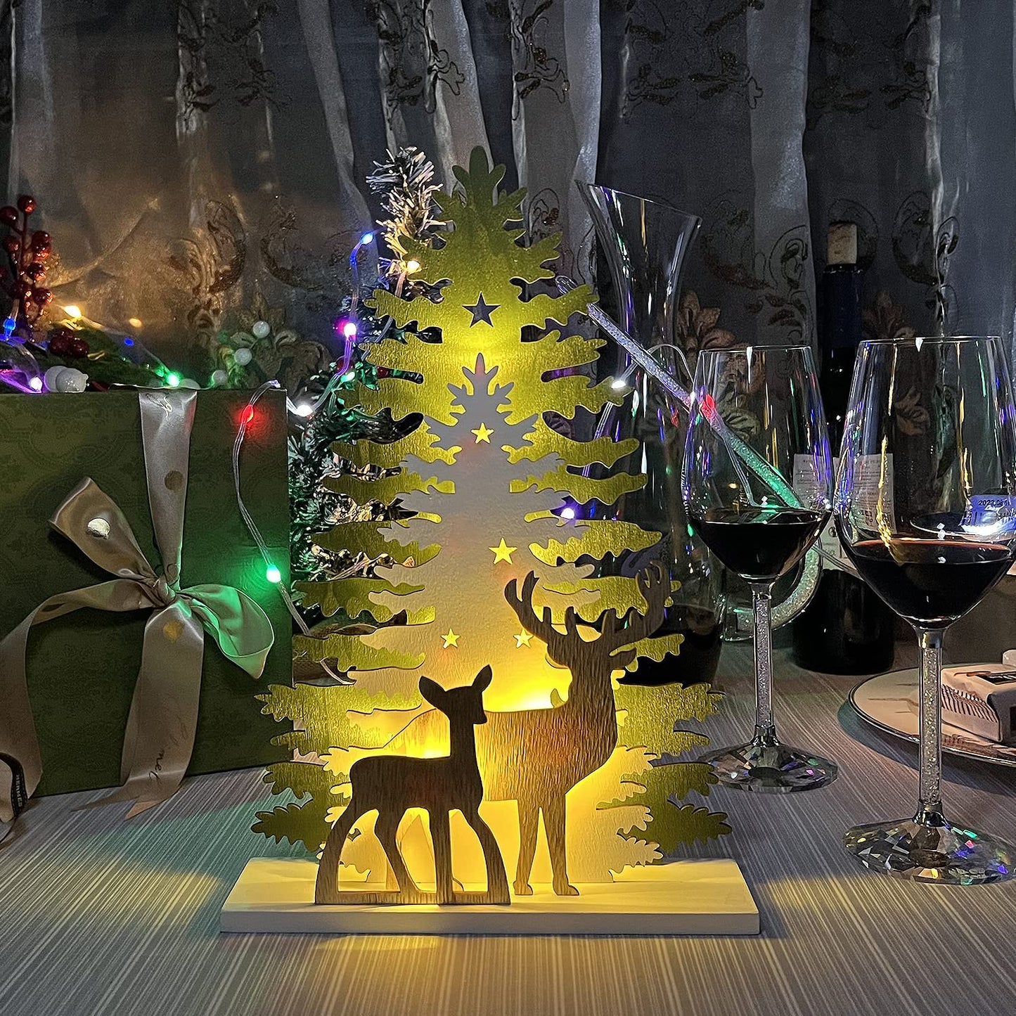 Lighted Christmas Tabletop Decorations,Supergorea,Wooden Christmas Tree and Deer Table Decor,LED Wood Craft Light 2AA Battery Powered 12.7 inch for Xmas Home Decoration(Indoor)