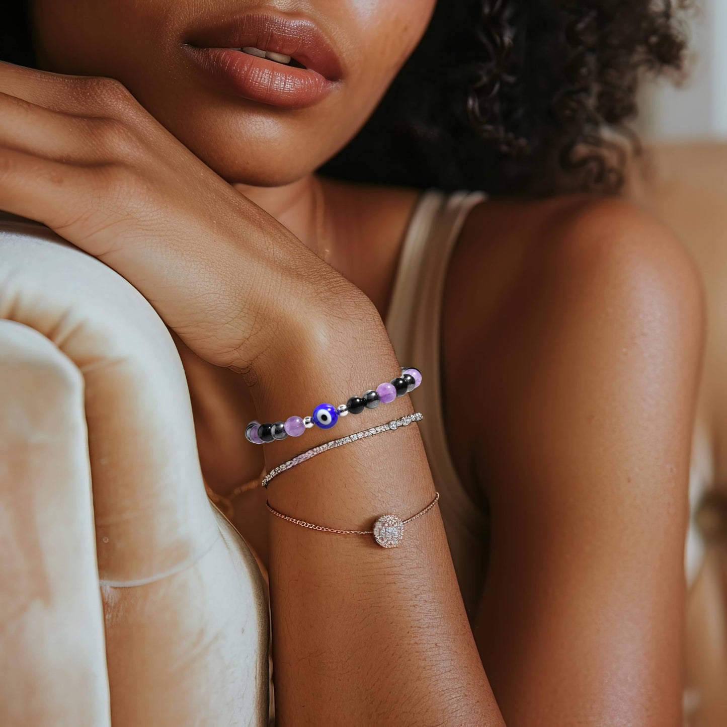 DLYFNVEV Empath Protection Bracelet Amethyst Black Tourmaline Hematite Triple Healing Anxiety Relief Crystal For Women Evil Eye Beaded Natural Stone Jewelry Gifts