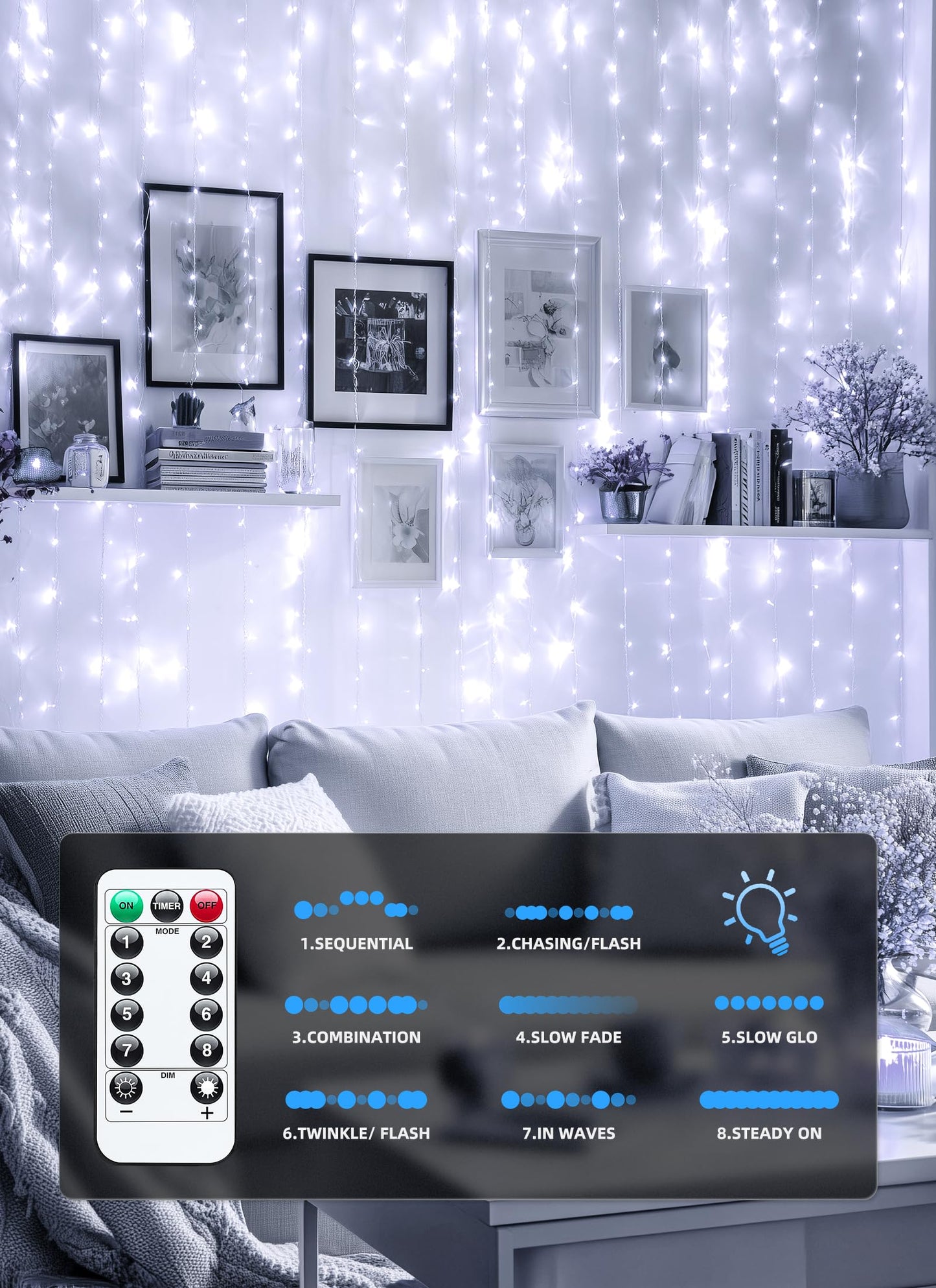 Brightown 300 LED Fairy Curtain Lights, 9.8ft x 9.8ft String Lights, USB Plug in 8 Lighting Modes Christmas String Hanging Lights with Remote for Bedroom Indoor Outdoor Party Xmas White 1 Pack
