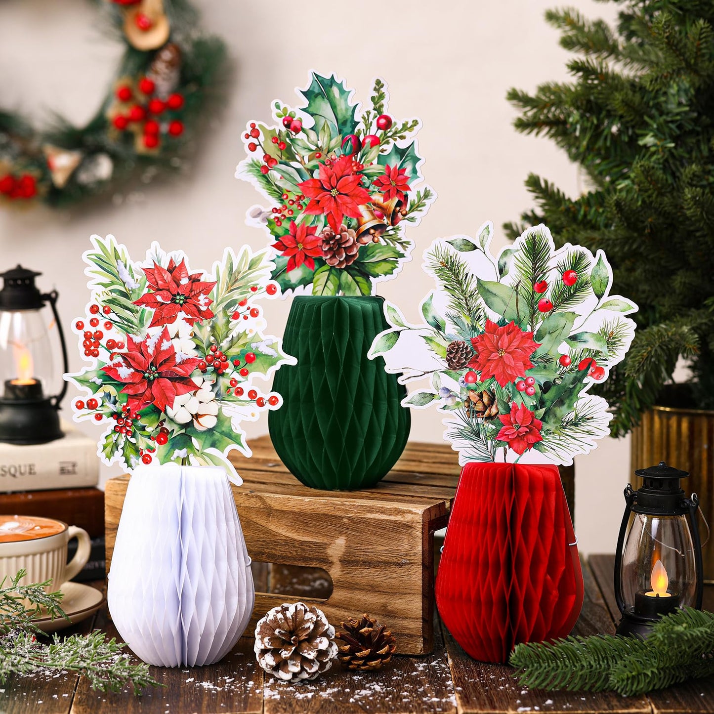 AmazingSpark 9 Pcs Christmas Poinsettia Flower Table Centerpiece Christmas Paper Poinsettia Honeycomb Decoration Holiday Red Flower Honeycomb Centerpiece for Birthday Party Ornaments