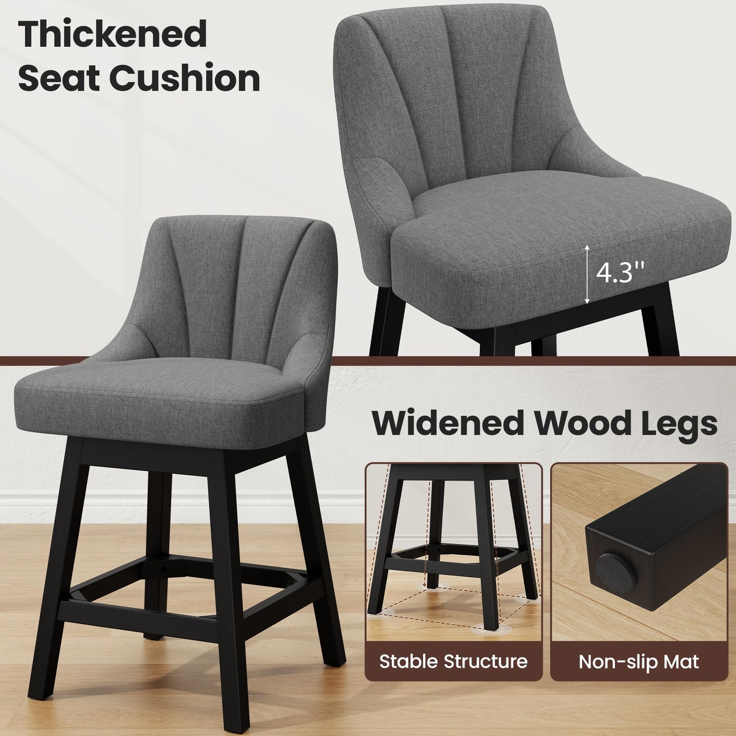 REONEY Swivel Bar Stools Set of 3, Fabric Upholstered Counter Height Barstool, 26" Modern Kitchen Island Chairs with Back and Solid Wood Legs for Home Bar Dining Room, Dark Grey