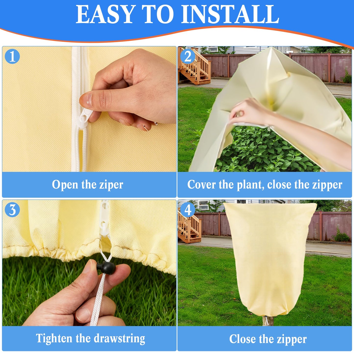 4 Pcs Plant Covers Freeze Protection, Reusable Winter Frost Cover for Outdoor Shrub & Fruit Tree Potted, 2.8oz/yd² Heavy-Duty Tree Jacket with Zipper & Drawstring, 32" x 47"