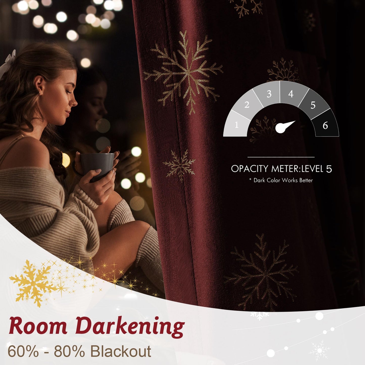 Beauoop Christmas Red Velvet Curtains 84 Inches Long 2 Panels for Bedroom Living Room Gold Snowflake Holiday Decor Burgundy Thermal Insulated Room Darkening Rod Pocket Window Treatments Drapes, 52X84