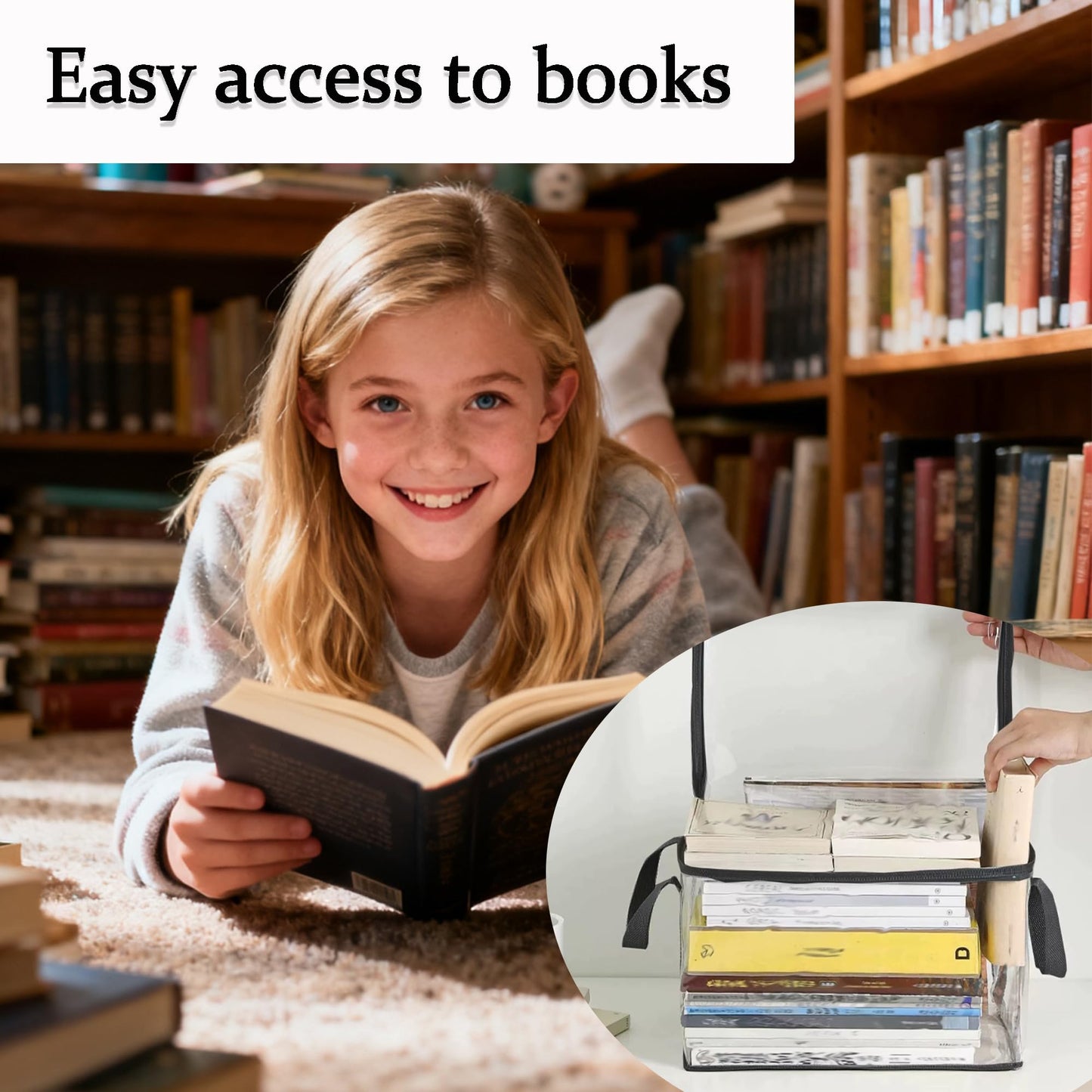 3PCS Clear Book Storage Bag - Plastic Comic Books Organizer Book Carrier with Lid and Lifting Handle Collapsible Display Case for Books Toys 38x24x32cm/15x9x3inches