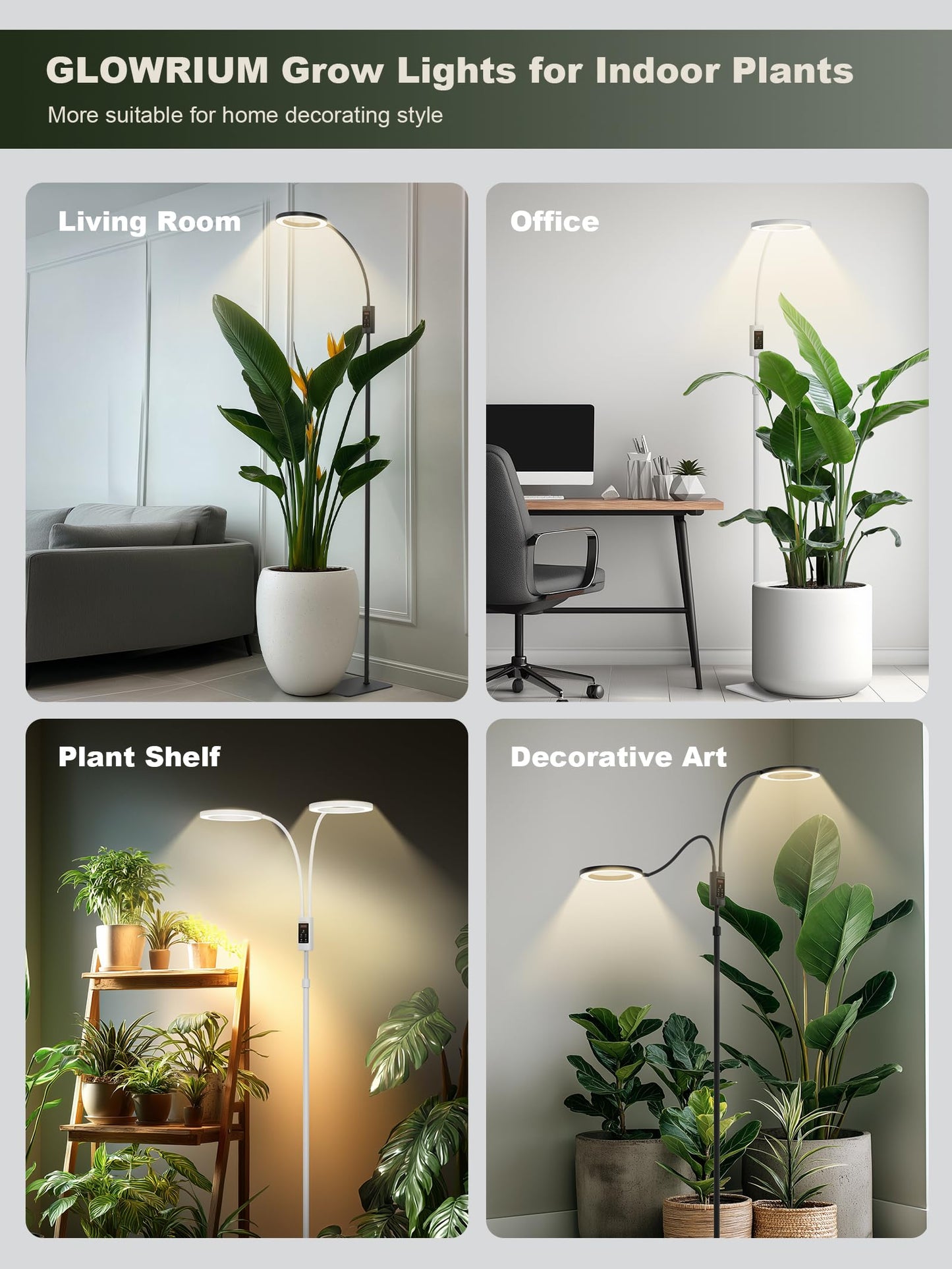 GLOWRIUM Smart Grow Lights for Indoor Plants, 48W Full Spectrum Plant Lights with Bluetooth App, Adjustable Height 47-70.9", Auto Timer, Indoor Plant Lamp for Large Tall Plants（White 48W）