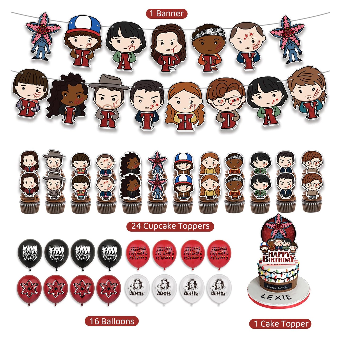 42 Pcs TV Series Theme Happy Birthday Decorations, Cute Cartoon Style Party Decorations, Includes Banners, Balloons, Cake Toppers, and Dessert Toppers