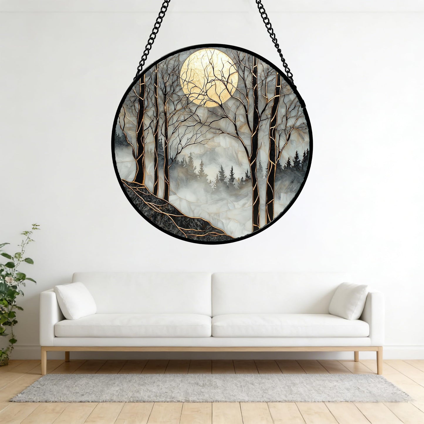 AMDERVEN Stained Glass Window Hanging - Black and White Gold Moon Forest Sun Catcher for Door Home Decor Suncatcher Christmas Mother's Day Birthday Gifts for Women Men Lovers Mom Nana 7.8 in