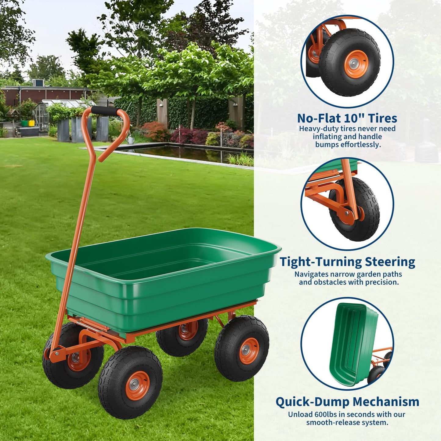 Jojoka 1200 Lbs Heavy Duty Garden Dump Cart, 4 Cu ft Rust-Resistant Poly Utility Wagon with 10-Inch All-Terrain Pneumatic Tires and Quick-Release Dumping for Yard, Lawn, and Landscaping