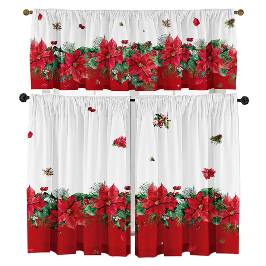 Cuteiush Christmas Poinsettia Curtain Valances Set of 3 Panels,Red,White&Green Rod Pocket,Festive Decor for Kitchen Bedroom, Bathroom,Laundry,52x18 Inch + 2x36x26 Inch