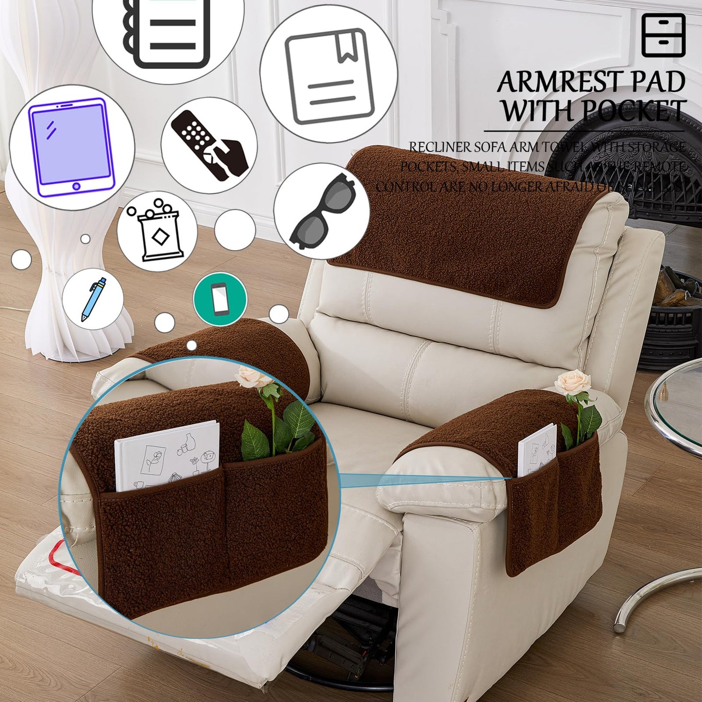 NNSMUN Armrest Cover, Recliner Chair Protector, Furniture Protector Slip, Side Storage Pocket, Stretch Armchair Couch Arm Rest Cover for Recliner, Chair, Sofa (Coffee,1 Seater(3pcs))