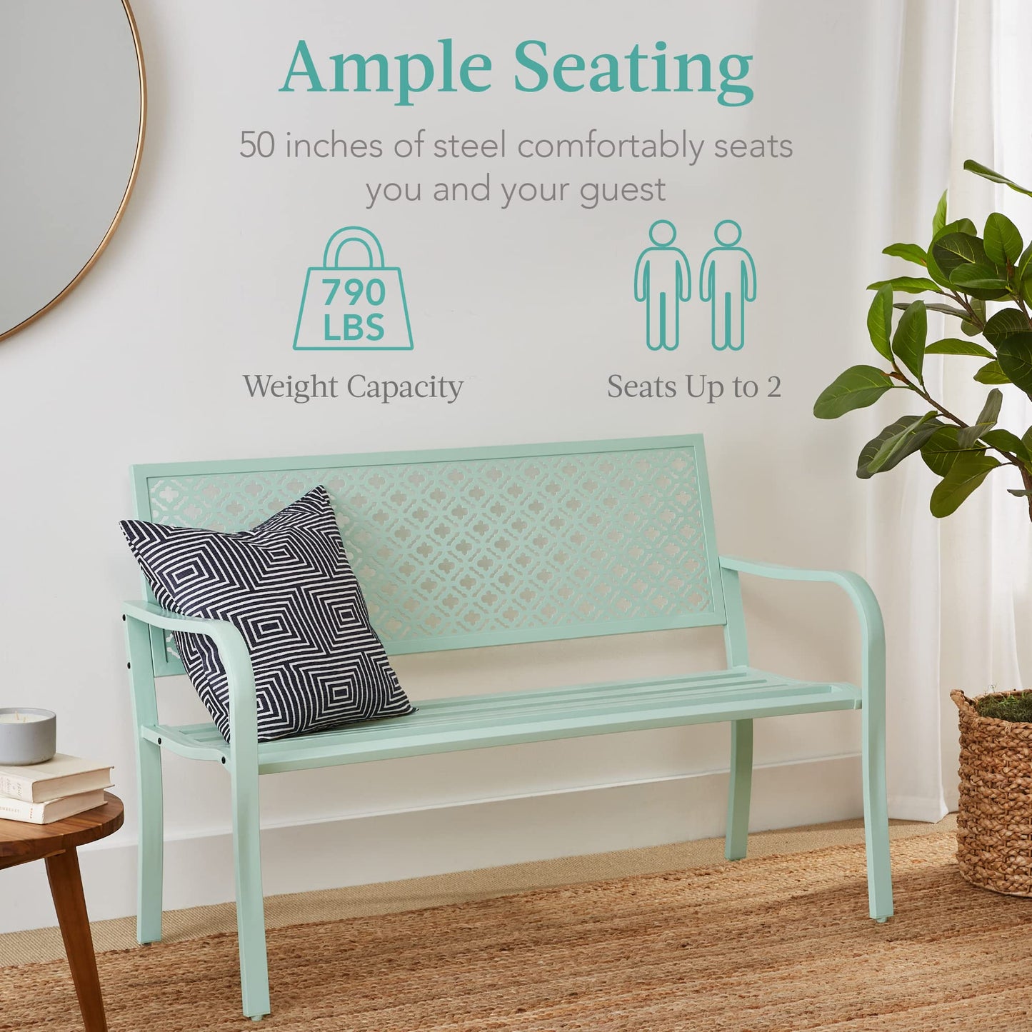 Best Choice Products Outdoor Bench 2-Person Metal Steel Benches Furniture for Garden, Patio, Porch, Entryway w/Geometric Backrest, 790lb Capacity - Mint Green