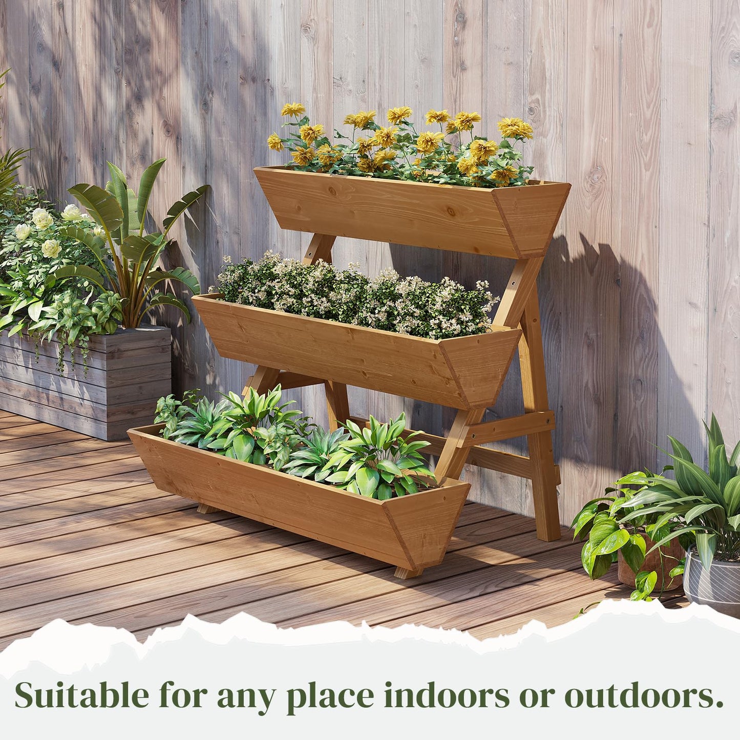 PULIJIAJU 3-Tier Wooden Vertical Raised Garden Bed with Legs, Tiered Planter Box, Vertical Garden Planter,Wood Plant Stand Wood Flower Rack for Patio, Balcony, Freestanding. (Brown-Large)