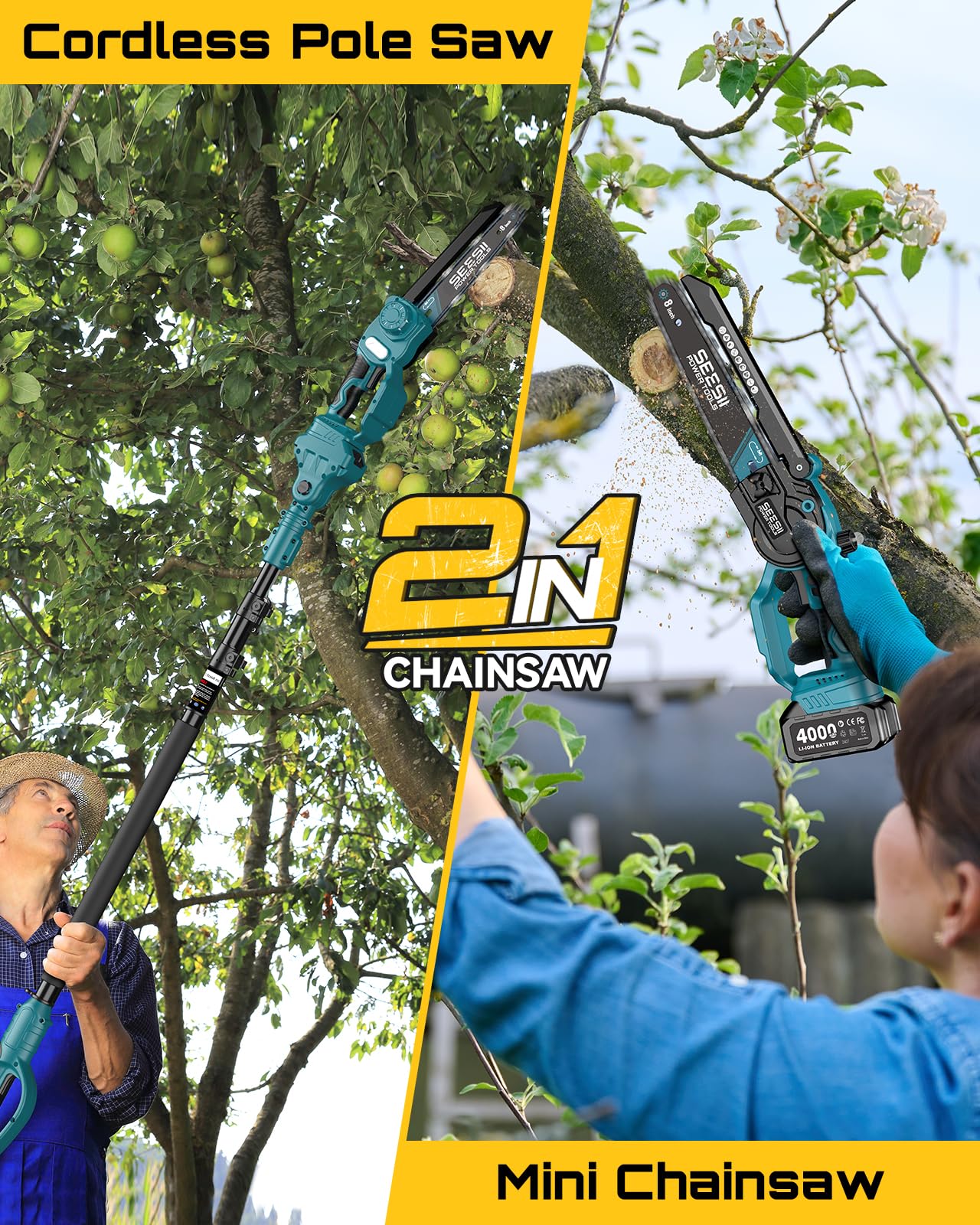 SEESII 2 in 1 Cordless 8 inch Pole Saw & Mini Chainsaw with 2 Battery, Power Electric Polesaw for Tree Trimming, Chain Saw with Extension Pole, Limb Branch Cutter Pruner P8 Ace