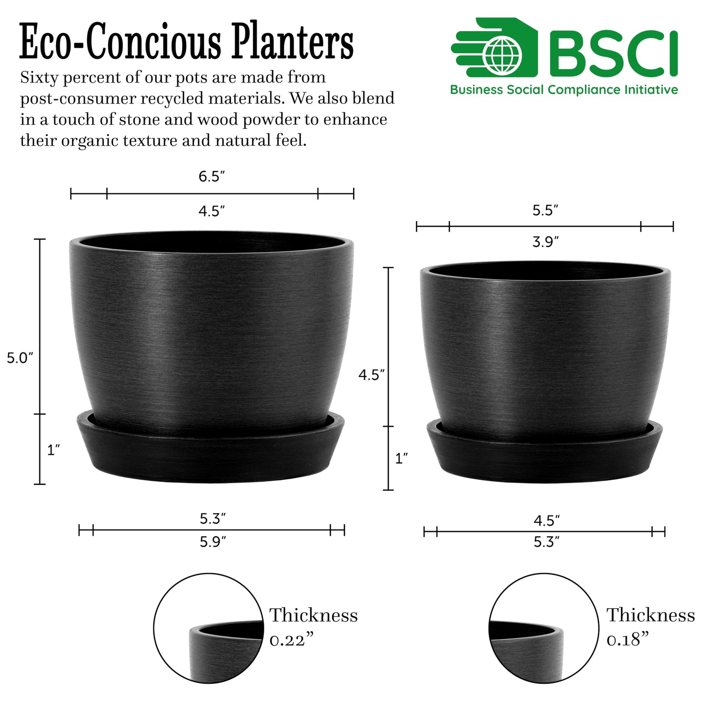 Kin 'n' Kind Set of 2 Minimalist Plant Pots (6.5" & 5.5") – Modern Indoor Planters with Drainage & Saucers – Durable Eco-Conscious Composite, Indoor/Outdoor – Marin Night Black
