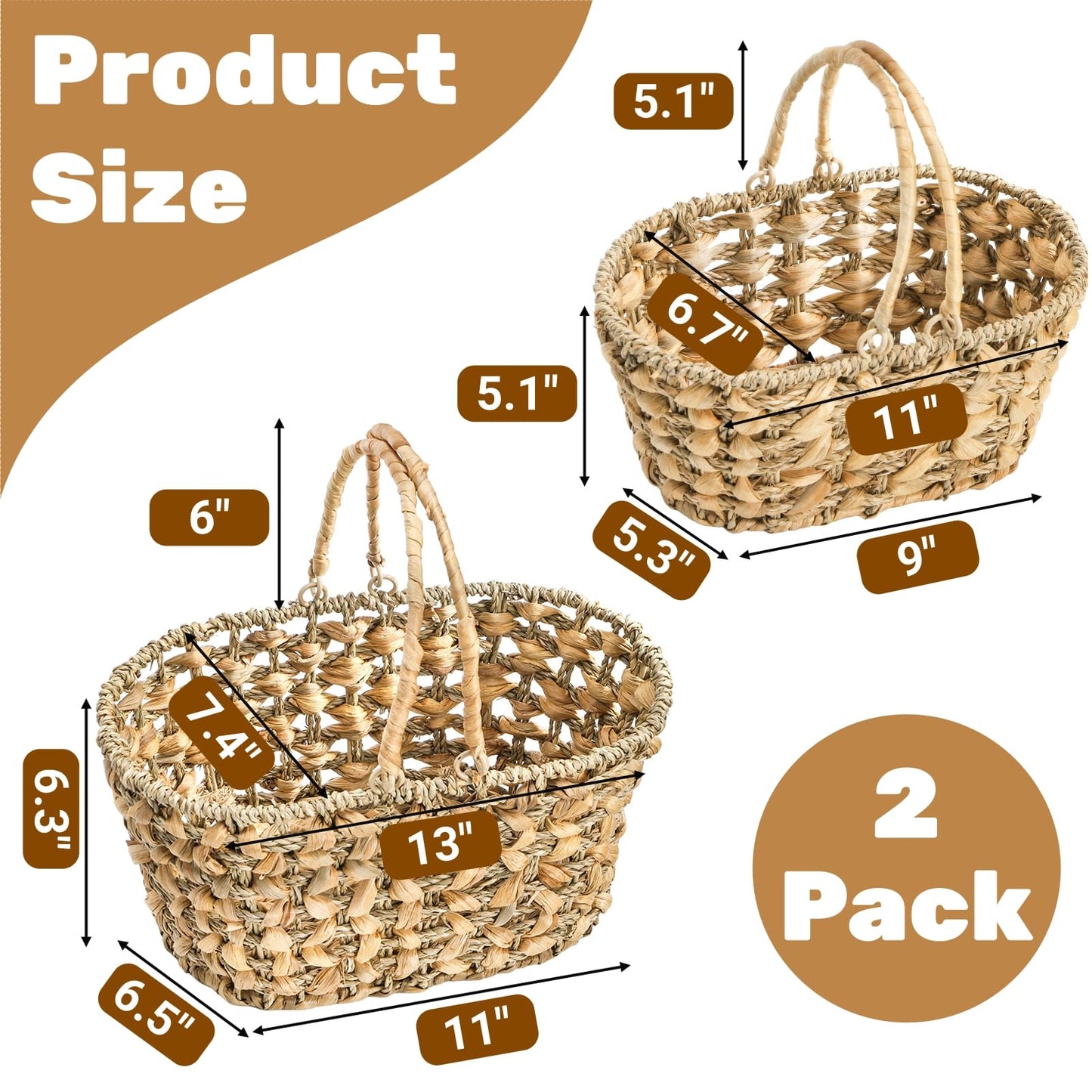 SOUJOY 2 Pack Wicker Picnic Basket with Handle, Natural Hand Woven Rattan Easter Baskets, 13" and 11" Nesting Gift Baskets for Outdoor, Camping, Garden, Wedding, Home Organization