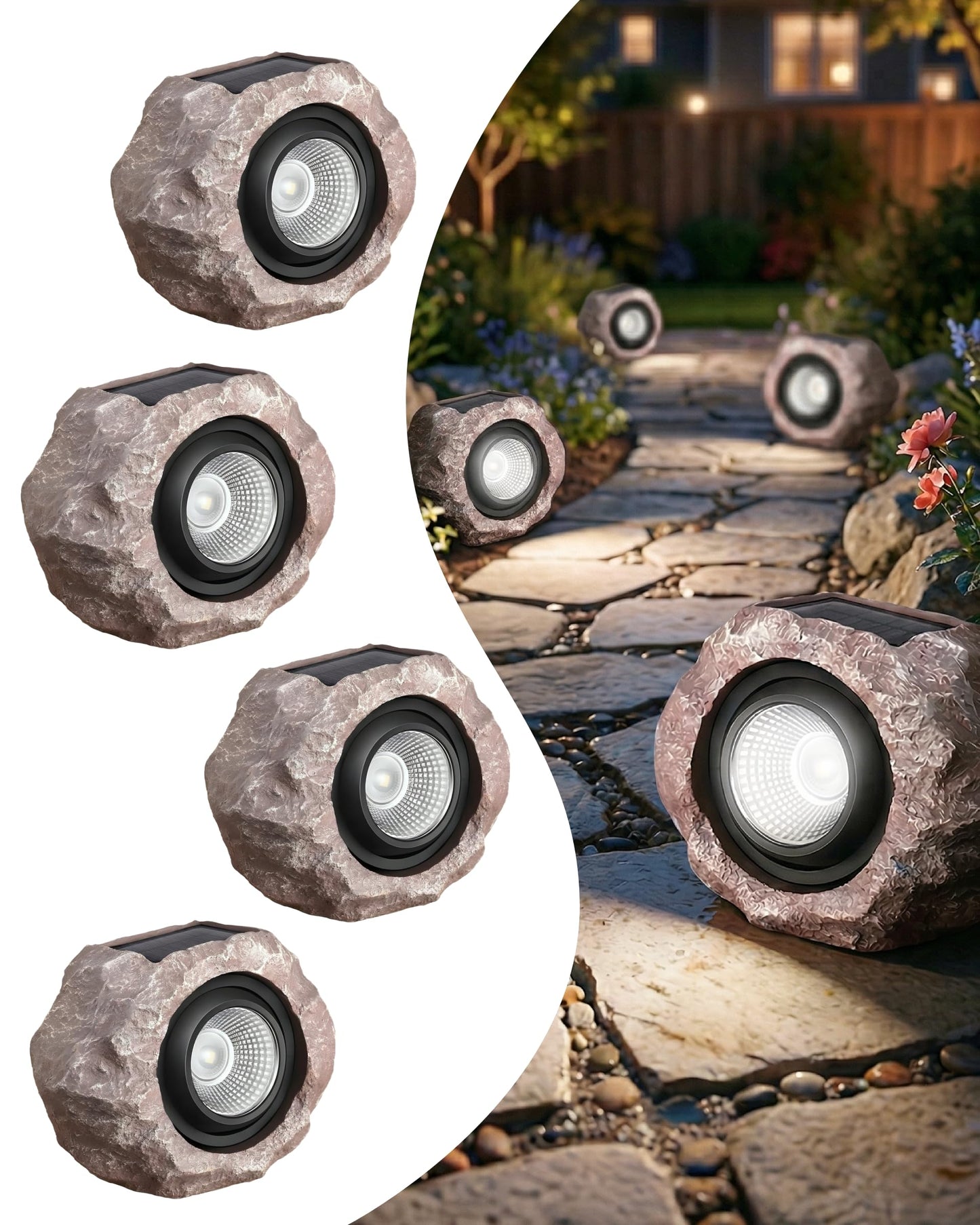 4 Pack Solar Rock Lights Outdoor, Angle Adjustable Solar Lights Outdoor Waterproof, LED Solar Garden Lights, Auto On/Off Landscape Lighting for Yard Pathway Patio Flower Bed - White Glow (Stone Brown)