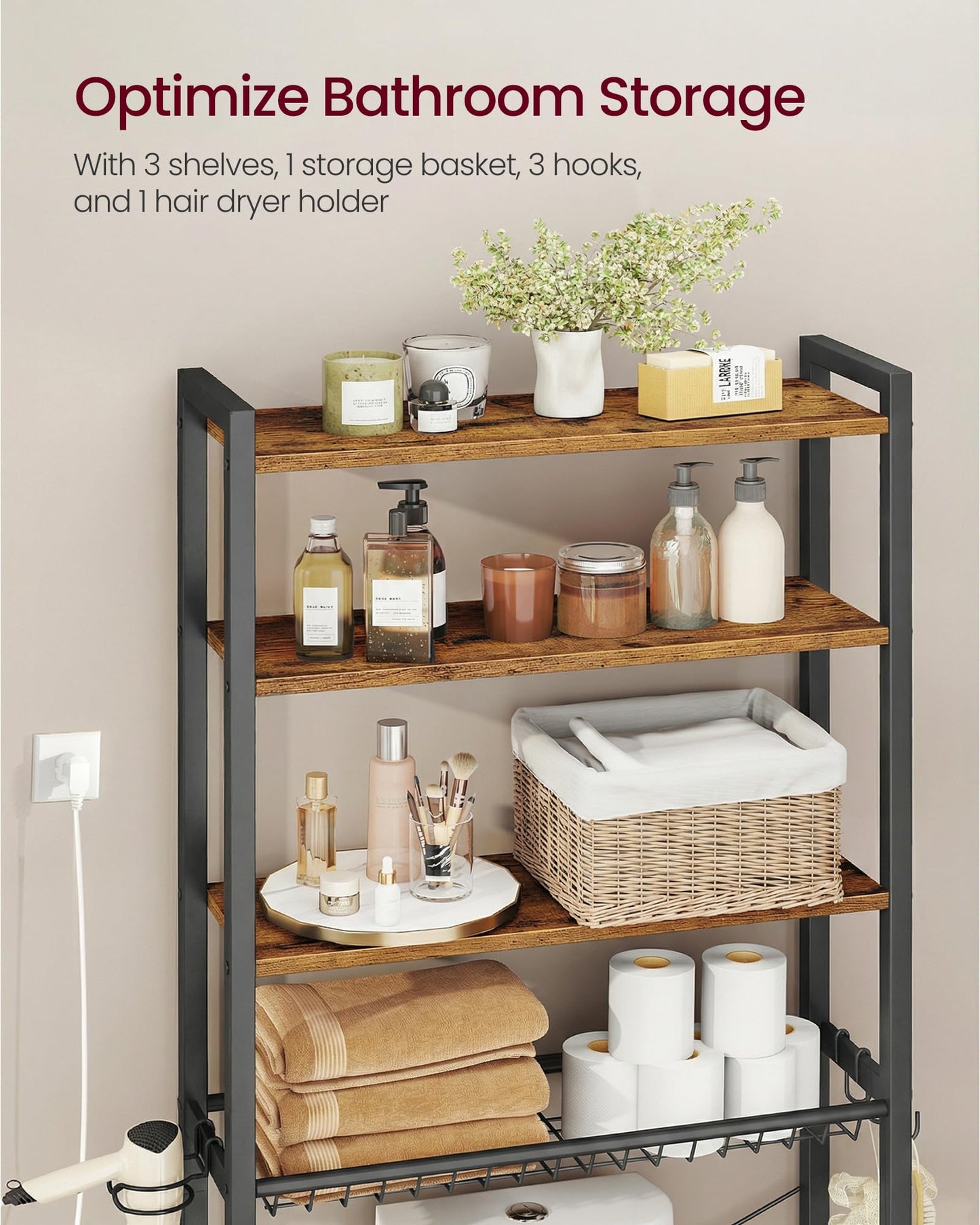 VASAGLE Over the Toilet Storage, Over Toilet Bathroom Organizer with Adjustable Shelves and Basket, 3 Hooks, Space Saving, 9.4 x 23.6 x 68.1 Inches, Rustic Brown UBTS114KD01S