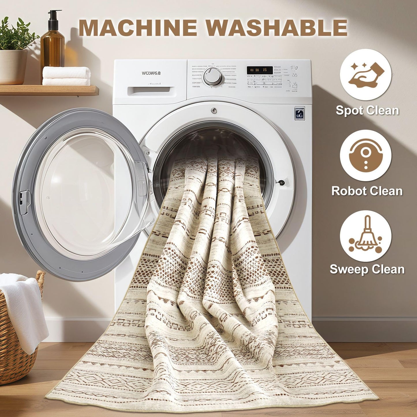 Nakagishi 10x14 Area Rugs Living Room: Washable Boho Large Neutral Modern Soft Farmhouse Rug Stain Resistant Indoor Non-Slip Accent Carpet for Bedroom Nursery Kids Playroom Office Dining Room- Brown