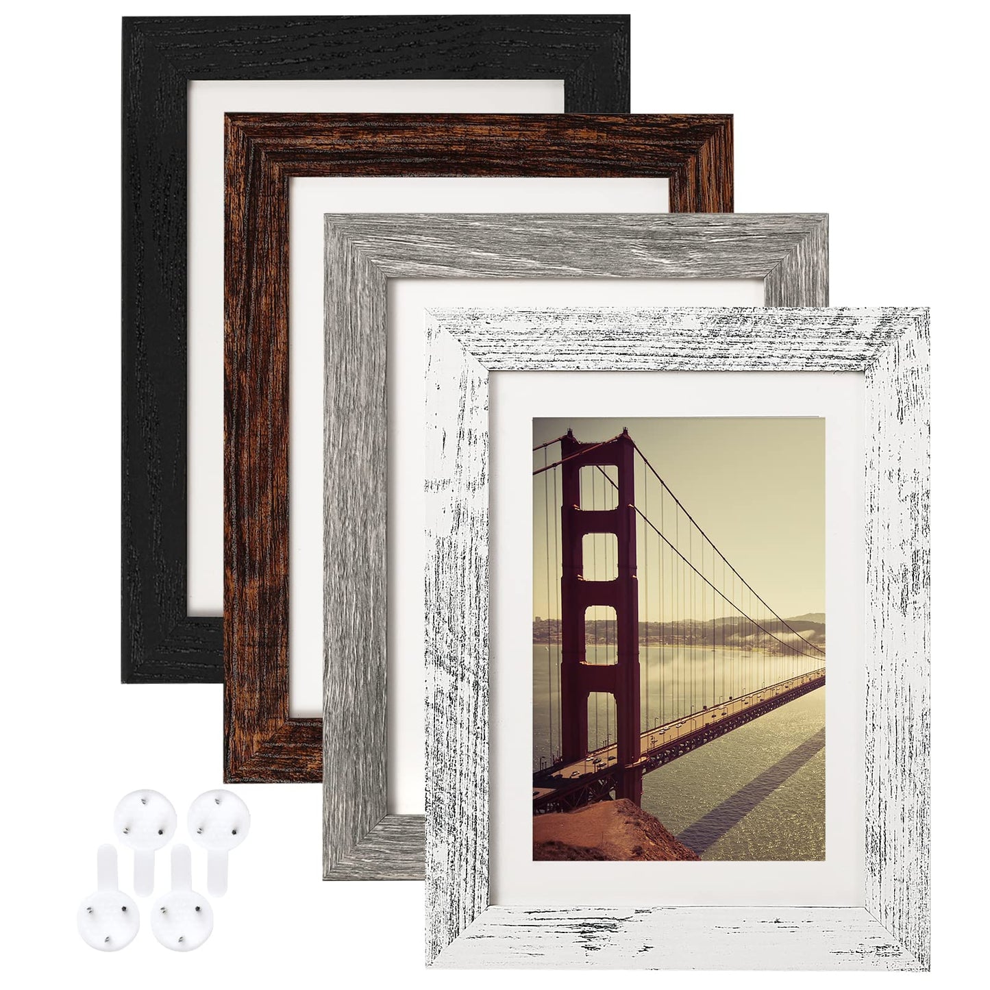 BAIJIALI 5x7 Picture Frame Distressed Farmhouse Wood Pattern Set of 4,Display 4x6 with Mat or 5x7 Without Mat,Multicolour
