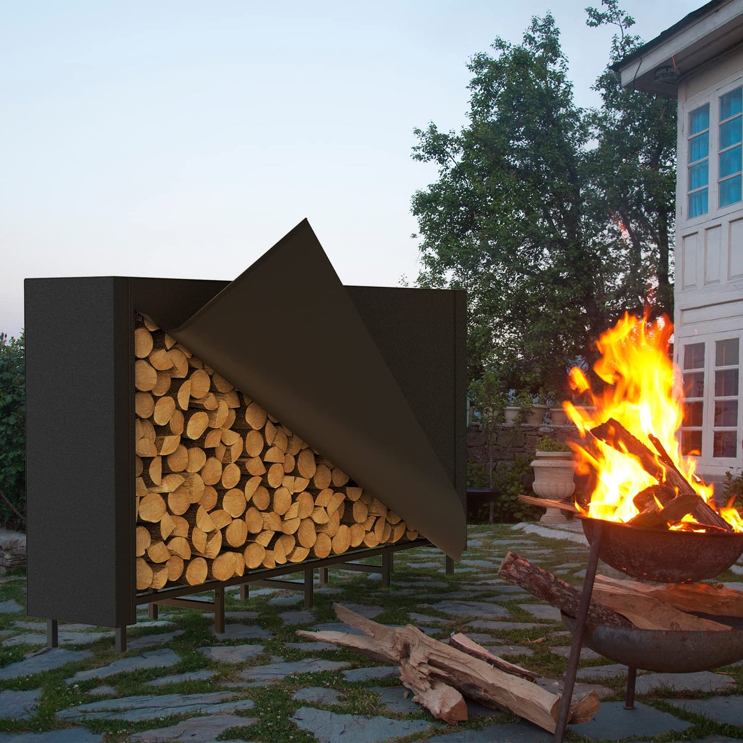 CADUKE Firewood Rack Outdoor with Cover 5.3ft Firewood Log Rack for Fireplace Wood Storage Fire Log Holder Indoors Adjustable Heavy Duty Fire Wood Rack Stand, Black Waterproof Oxford Fabric