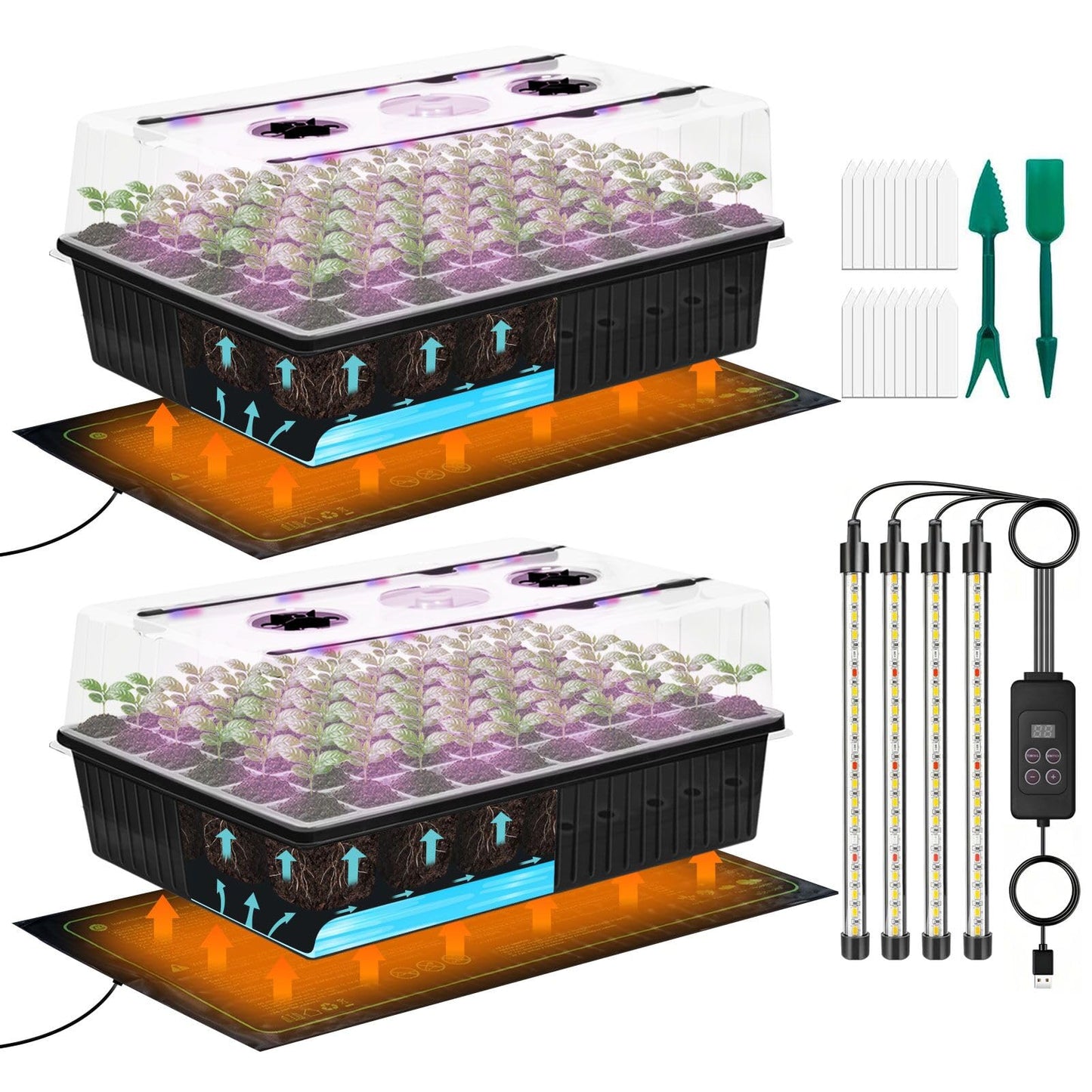 120-Cell Self-Watering Seed Starter Tray with Grow Light, Indoor Seed Starting Kit Trays with Heat Mat, Adjustable Brightness Plant Germination Trays Growing Kit with 4.13" Humidity Dome for Seed Grow